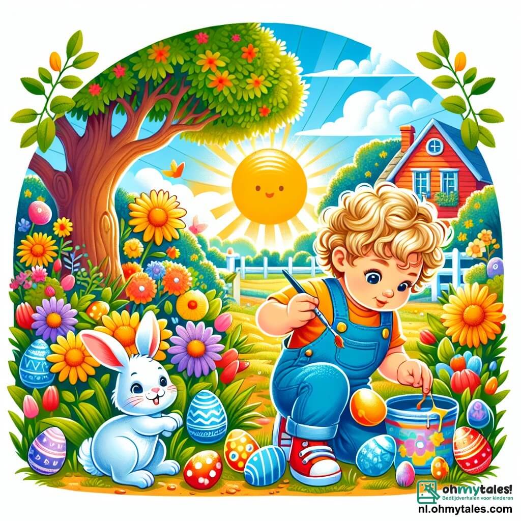 Une illustration sous forme de dessin destinée aux enfants représentant un jardin ensoleillé de ferme, avec des fleurs colorées et un grand arbre au centre, où un garçon d'environ un an aux cheveux blonds bouclés, vêtu d'une salopette bleue, est accroupi en train de peindre des œufs de Pâques aux couleurs vives, tandis qu'un petit lapin blanc aux grandes oreilles, avec un nœud papillon rouge, l'observe avec curiosité, et des œufs colorés sont cachés derrière les fleurs et sous les feuilles, créant une atmosphère joyeuse et festive.