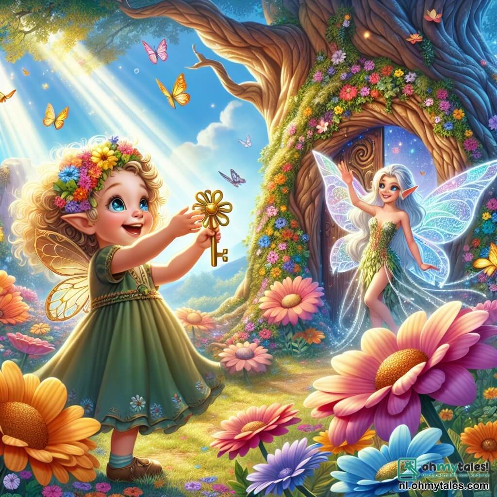 Illustratie die een magische scène weergeeft in een betoverd bos, waar grote kleurrijke bloemen met glanzende bloemblaadjes dansen onder een stralende blauwe lucht. In het midden staat een klein meisje van 1 jaar, met grote sprankelende ogen en gouden krullend haar, dat vrolijk glimlacht terwijl ze een glinsterende gouden sleutel in haar kleine handen vasthoudt. Naast haar staat een kleine elf met doorschijnende en glinsterende vleugels, ongeveer 5 jaar oud, met zilverachtig haar en een jurk gemaakt van bladeren en bloemen, die haar armen in vreugde omhoogsteekt, alsof ze het meisje bedankt. De hoofdsituatie toont het meisje dat klaar is om op avontuur te gaan naar een majestueuze oude boom, waarvan de stam breed en knoestig is, met een verborgen deurtje aan de basis. Stralen van licht filteren door de takken, die de scène verlichten met een feeërieke sfeer, terwijl kleurrijke vlinders om hen heen vliegen, wat een vleugje magie toevoegt aan dit moment van vriendschap en avontuur.