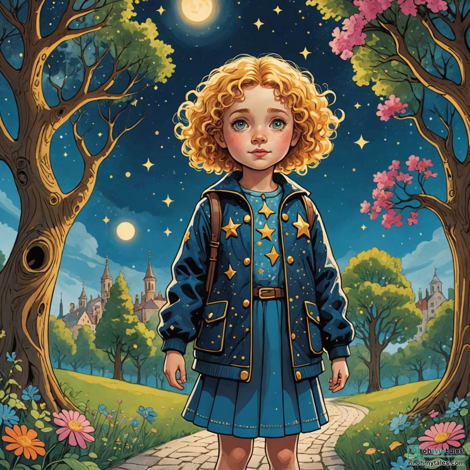 Une illustration destinée aux enfants représentant une petite fille aux boucles dorées et aux yeux pétillants, vêtue d'une veste étoilée, se tenant au cœur d'un parc urbain mystérieux, où des arbres majestueux aux troncs noueux s'élèvent vers un ciel azur, entourés de fleurs éclatantes et de chemins sinueux, tandis qu'elle se lance dans une quête magique pour sauver la ville avec son ami espiègle, un garçon à la chevelure ébouriffée et au sourire malicieux, en découvrant des secrets enchâssés dans des livres anciens et des mélodies envoûtantes qui flottent dans l'air, tout en affrontant des défis et des mystères cachés dans les recoins oubliés de cet oasis de verdure au milieu de la jungle de béton.
