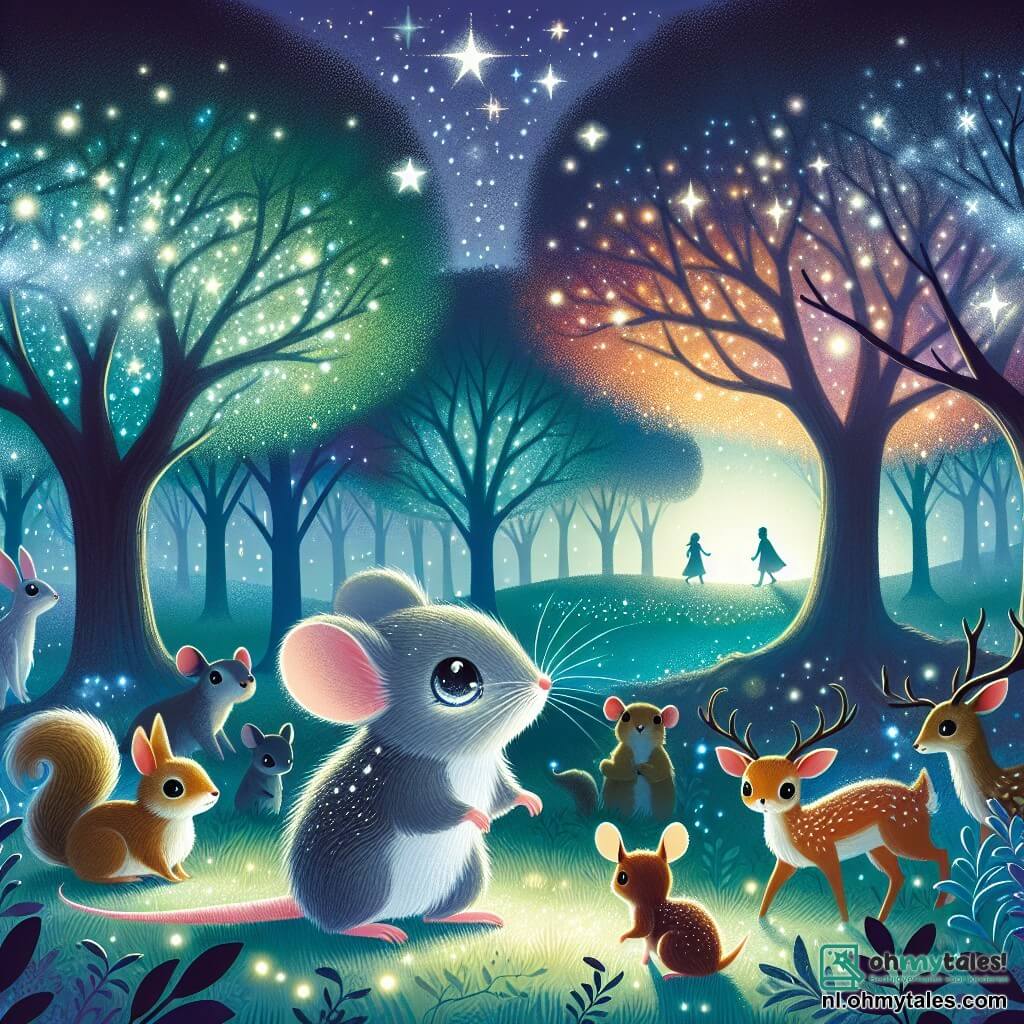 Illustratie van een magische nachtelijke scène in een verlicht park, waar majestueuze bomen met glinsterende bladeren onder een sterrenhemel staan. In het midden staat een kleine muis met sprankelende ogen en een grijze vacht met witte accenten, rechtop op zijn achterpoten, met een vastberaden blik, klaar om zijn vrienden op avontuur te leiden. Om haar heen een groep kleurrijke dieren: een konijn met grote witte oren, een eekhoorn met een bruine vacht en een elegante hinde met zachte ogen, allemaal kijkend met opwinding en nieuwsgierigheid. Op de achtergrond bewegen schaduwen van menselijke silhouetten, volwassenen van rond de dertig, op afstand, op zoek naar de verdwenen dieren. De scène straalt een sfeer van opwinding en avontuur uit, met glinsterende sterren en een heldere maan, die een vleugje magie aan deze nachtelijke escapade toevoegt.
