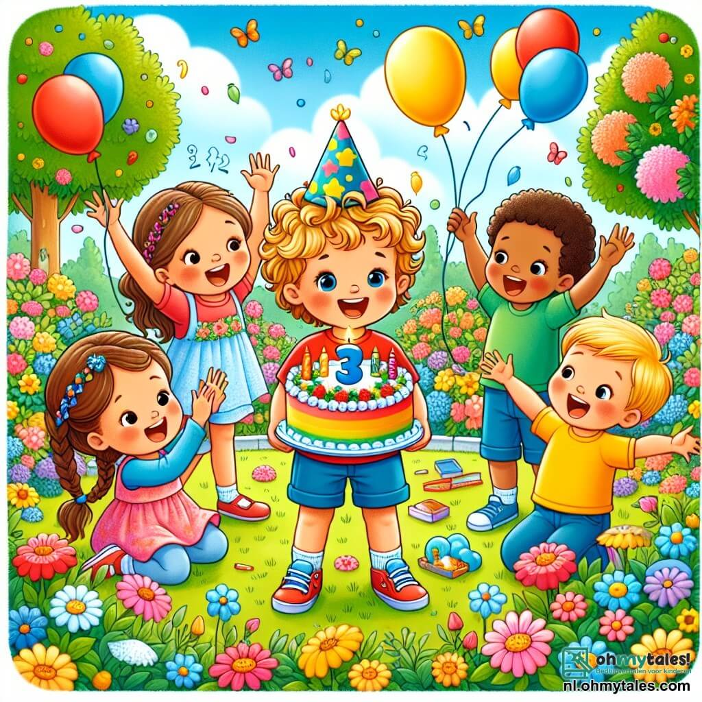 Une illustration sous forme de dessin destinée aux enfants représentant une joyeuse fête d'anniversaire dans une belle jardin en fleurs, avec un petit garçon de 3 ans aux cheveux blonds et bouclés, portant un t-shirt rouge et un pantalon bleu, qui sourit en tenant une grande part de gâteau coloré, entouré de trois enfants : une fille aux cheveux bruns et tressés en robe rose, qui rit en tenant une ballon bleu, un garçon aux cheveux châtains en t-shirt vert qui applaudit, et une autre fille aux cheveux blonds en robe jaune qui danse, tous célébrant ensemble la joie de l'amitié et de la fête.