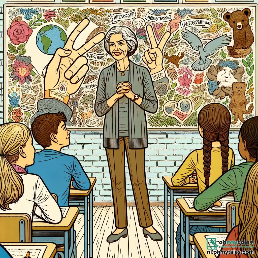 Une illustration sous forme de dessin destinée aux enfants représentant une salle de classe colorée avec des murs ornés de dessins d'animaux et de fleurs, où une femme d'âge moyen aux cheveux gris et courts, souriante et bienveillante, se tient devant des enfants assis sur des chaises, expliquant avec passion l'importance de la paix, tandis qu'un garçon aux cheveux bruns et une fille aux longues tresses l'écoutent attentivement, entourés de dessins de mains qui se tiennent et de mots comme « amitié » et « compréhension » sur une grande affiche, illustrant l'idée que la communication et la gentillesse peuvent surmonter les conflits.