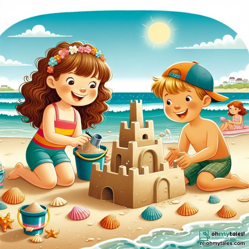 Une illustration sous forme de dessin destinée aux enfants représentant une plage ensoleillée avec des vagues douces et des coquillages éparpillés sur le sable, où une fille de 9 ans aux cheveux bruns et bouclés, portant un maillot de bain coloré, rit joyeusement en construisant un immense château de sable, tandis qu'un garçon de son âge, avec des cheveux blonds et une casquette, l'aide en ajoutant des seaux de sable, et une petite fille aux cheveux châtains, assise à côté, sourit en tenant une coquille brillante, capturant ainsi un moment de complicité et d'amitié estivale.