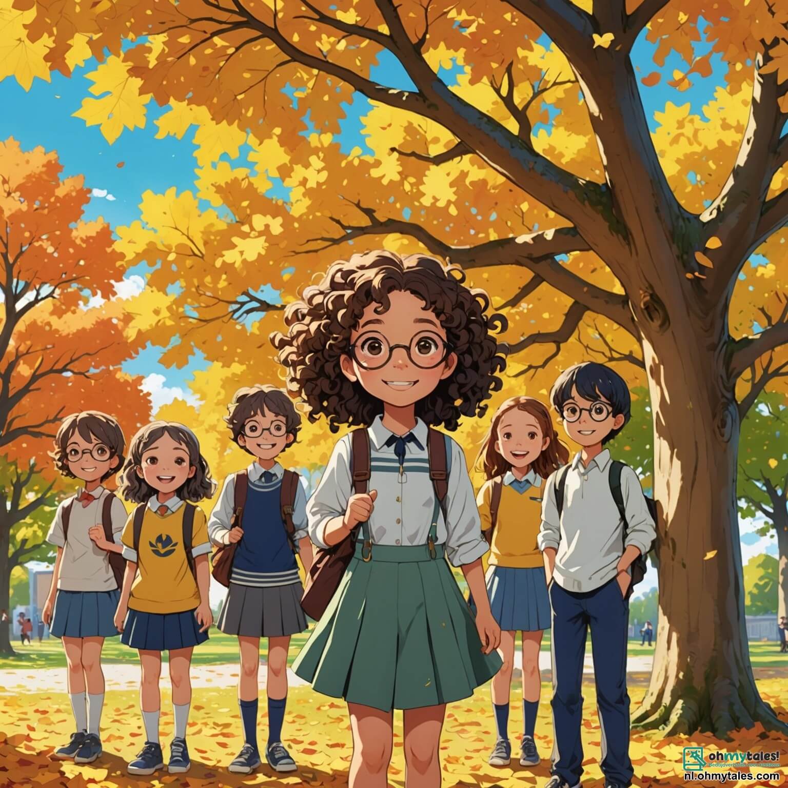 Une illustration destinée aux enfants représentant une fille aux cheveux bouclés et aux yeux pétillants, pleine de joie et de créativité, se tenant sous un grand chêne aux feuilles dorées, entourée de ses camarades de classe, dont un garçon aux lunettes rondes et une autre fille aux tresses colorées, tous réunis dans une cour d'école ensoleillée, où les rires résonnent et les couleurs des dessins qu'ils créent ensemble évoquent un monde de diversité et de tolérance, alors qu'ils apprennent à célébrer leurs différences et à bâtir des liens d'amitié solides malgré les moqueries et les préjugés qui pourraient surgir autour d'eux.