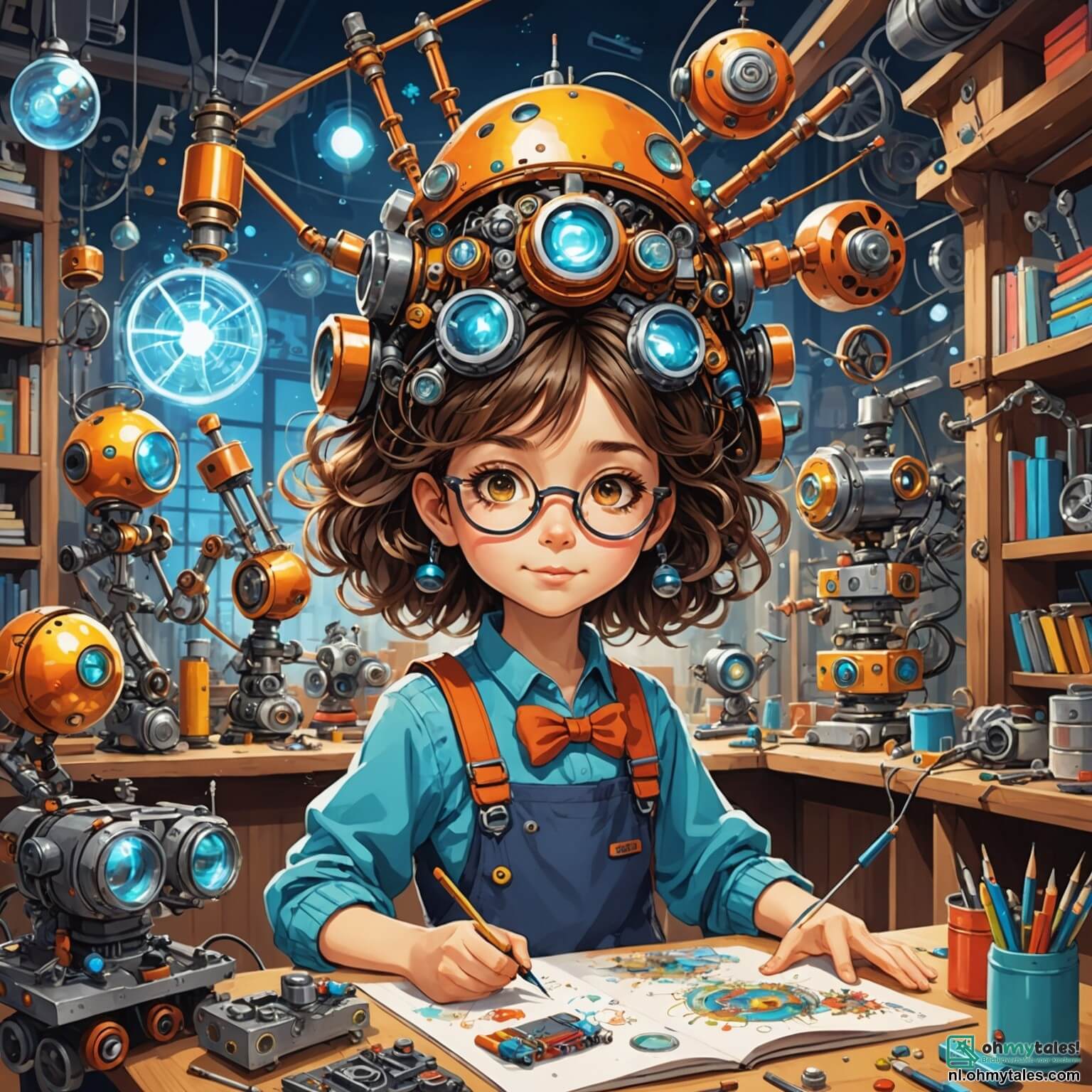 Une illustration destinée aux enfants représentant une femme aux cheveux ébouriffés et à la grande lunette ronde, plongée dans sa magnifique et colorée atelier d'inventions, où des outils scintillants et des pièces de métal s'entremêlent avec des croquis de machines volantes et de robots dansants, entourée de deux enfants, une fille aux yeux pétillants et un garçon portant une grande casquette, qui l'aident avec enthousiasme à créer un robot magique capable de résoudre des problèmes de mathématiques tout en dansant, le tout dans un petit village ensoleillé, où les fleurs multicolores dansent au rythme du vent et où le chant des oiseaux accompagne leur quête d'apprentissage et de créativité.