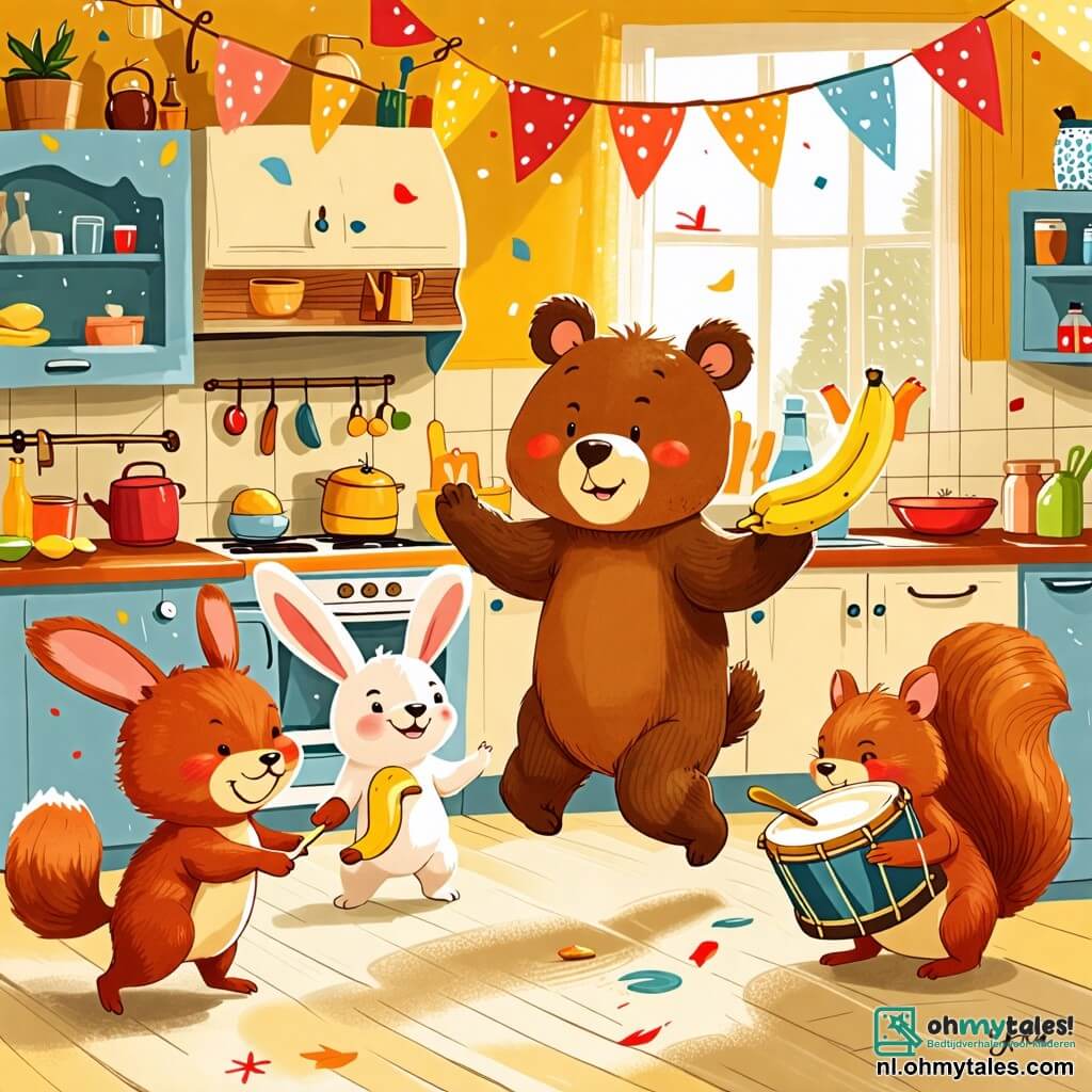Une illustration sous forme de dessin destinée aux enfants représentant une cuisine chaleureuse et colorée, avec un ours brun au pelage doux et moelleux, sautillant de joie tout en tenant une banane dans ses pattes, entouré d'un petit lapin aux grandes oreilles blanches qui danse avec enthousiasme et d'un écureuil rusé aux yeux pétillants qui joue de la musique avec un tambour, le tout illustrant un moment de fête joyeuse où les amis s'apprêtent à célébrer un grand "bananenfeestje" plein de rires et de musique.