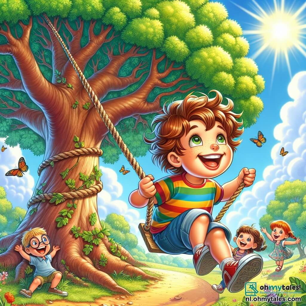 Illustratie van een grote majestueuze eik in een zonnig park, met stralend groene bladeren en een blauwe lucht bezaaid met donzige witte wolken. Aan de voet van de boom hangt een 7-jarig jongetje met tousled kastanjebruin haar en sprankelende nieuwsgierige ogen aan een touw dat hij aan een tak heeft vastgemaakt. Hij draagt een gekleurde gestreepte t-shirt en een blauwe korte broek, met een brede glimlach terwijl hij achterover laat zakken, de zwaartekracht tartend met een vastberaden blik. Dichtbij kijken twee kinderen, een 8-jarig jongetje met een bril en vlechten, en een 6-jarig meisje met twee staartjes en een bloemenjurk, verwonderd toe, lachend en klappend voor de durf van de jongen. De sfeer is vrolijk en speels, vol levendige kleuren en avontuurlijke sensaties, met vlinders die om hen heen fladderen en vogels die in de takken zingen.