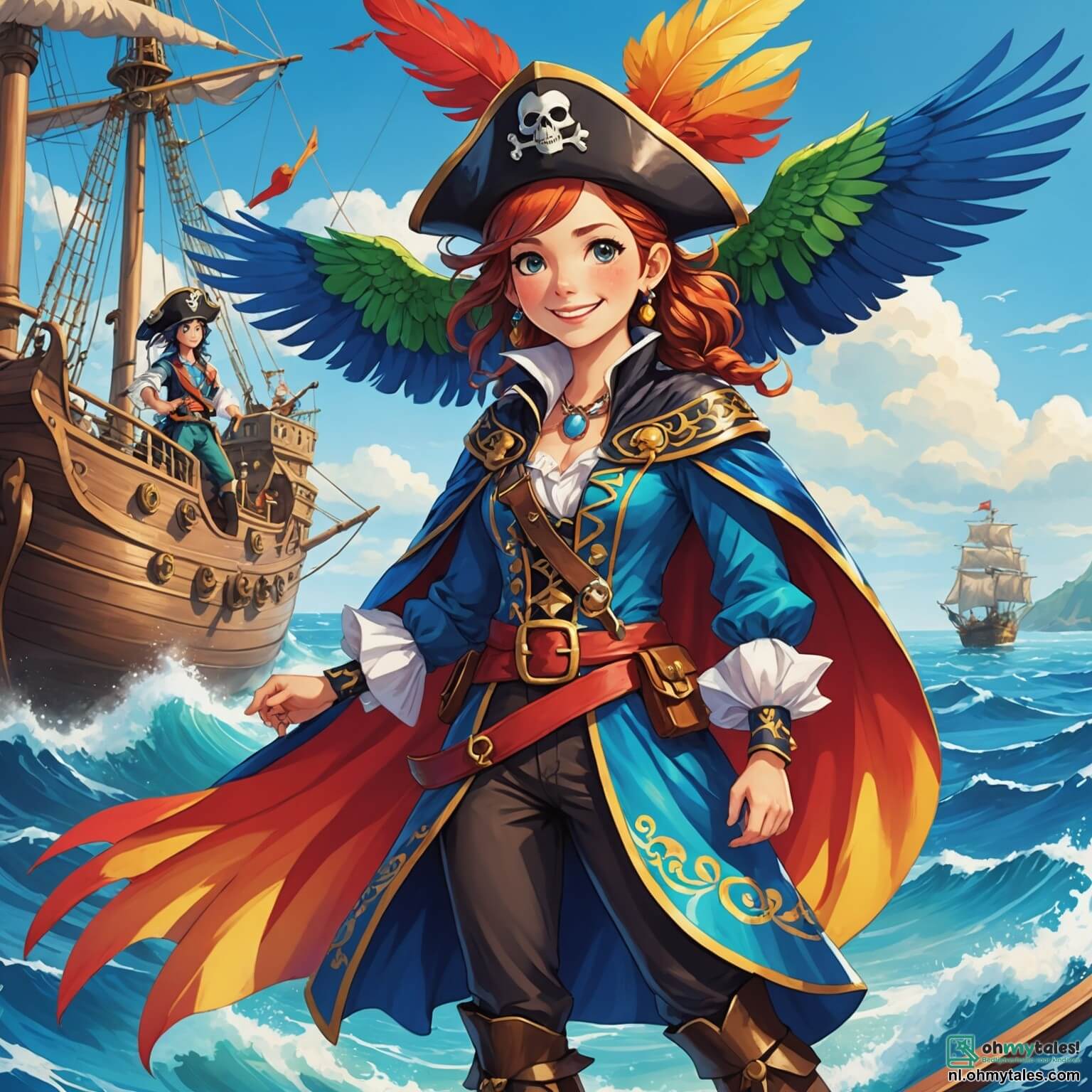 Une illustration destinée aux enfants représentant une intrépide femme pirate au sourire éclatant, vêtue d'une grande cape colorée ornée de plumes chatoyantes, naviguant avec bravoure sur les flots azurés de l'océan à bord de son vaisseau majestueux, La Glimlachende Dolfijn, tandis qu'elle est accompagnée de son fidèle compagnon, un joyeux perroquet aux plumes multicolores, et de deux jeunes matelots, une fille pleine de curiosité aux yeux pétillants et un garçon astucieux au regard déterminé, tous ensemble à la recherche d'une mystérieuse île verdoyante, parsemée de palmiers majestueux et de fleurs éclatantes, où une ancienne carte les guide vers une légendaire chasse au trésor remplie de surprises étincelantes.