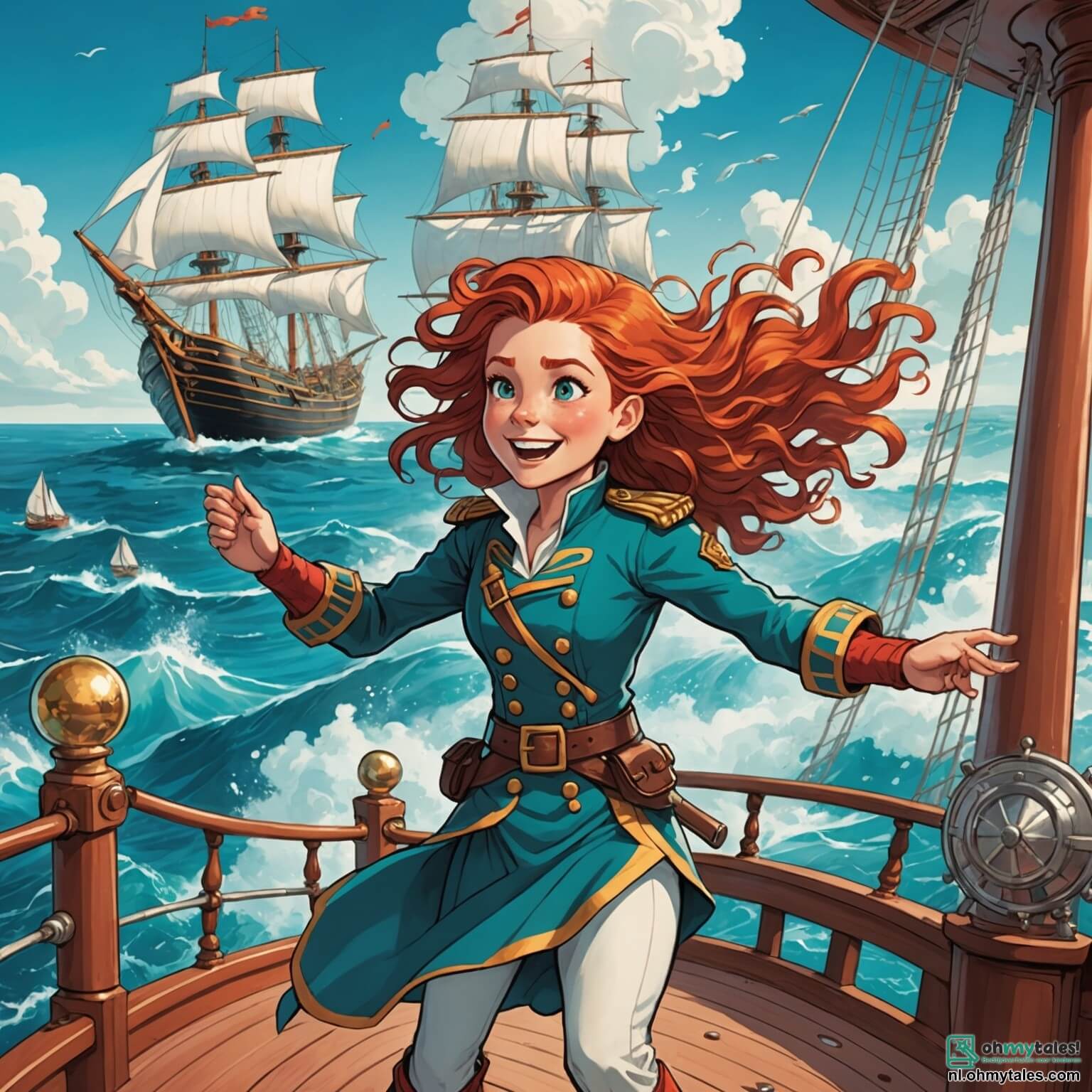 Une illustration destinée aux enfants représentant une intrépide capitaine femme, avec des cheveux flamboyants flottant au vent, se tenant fièrement sur le pont de son majestueux navire aux voiles blanches comme des nuages, naviguant à travers des eaux turquoise scintillantes, entourée de ses joyeux matelots, un garçon au sourire malicieux et un autre garçon aux yeux pétillants de curiosité, tous trois en quête d'une légendaire trésor caché sur une île mystérieuse, parsemée de palmiers verdoyants et de coquillages colorés, où un ancien coffre rempli de secrets attend d'être découvert.