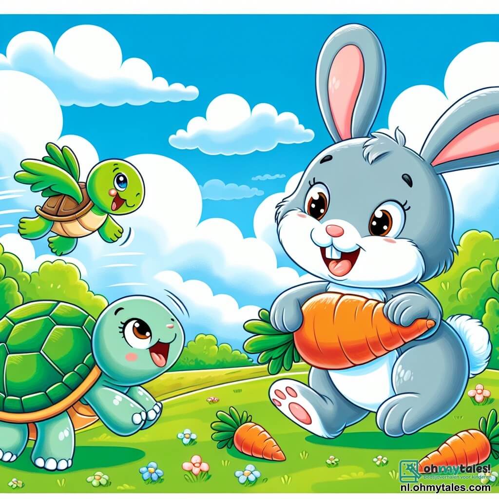 Une illustration sous forme de dessin destinée aux enfants représentant un champ verdoyant sous un ciel bleu éclatant, où un joyeux lapin aux grandes oreilles et à la fourrure grise saute avec enthousiasme, tenant une petite carotte dans ses pattes avant, tandis qu'à ses côtés, une mignonne tortue verte avec un joli carapace et un sourire amical observe lentement, et un petit souris grise aux yeux pétillants se précipite pour montrer une énorme carotte qu'il a trouvée, le tout illustrant la compétition amicale pour dénicher la plus grande carotte dans une ambiance joyeuse et colorée.