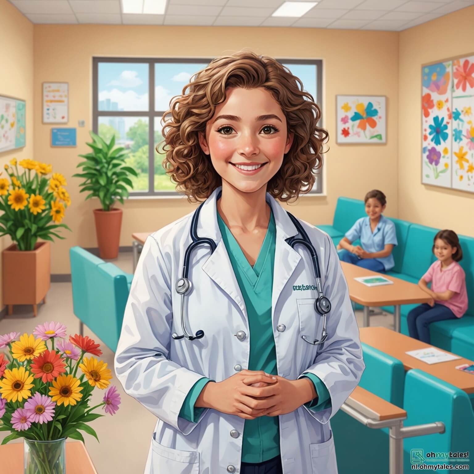 Une illustration destinée aux enfants représentant une femme médecin au sourire chaleureux, vêtue d'une blouse blanche ornée de fleurs colorées, se tenant dans une salle d'attente lumineuse d'un petit hôpital à Zonnedorp, où les murs sont peints en teintes pastel et décorés de dessins d'enfants, tandis qu'elle interagit avec des enfants joyeux, comme une petite fille aux cheveux bouclés et une petite fille aux yeux pétillants, qui attendent avec impatience de recevoir des soins et des jeux, créant une atmosphère accueillante et réconfortante.
