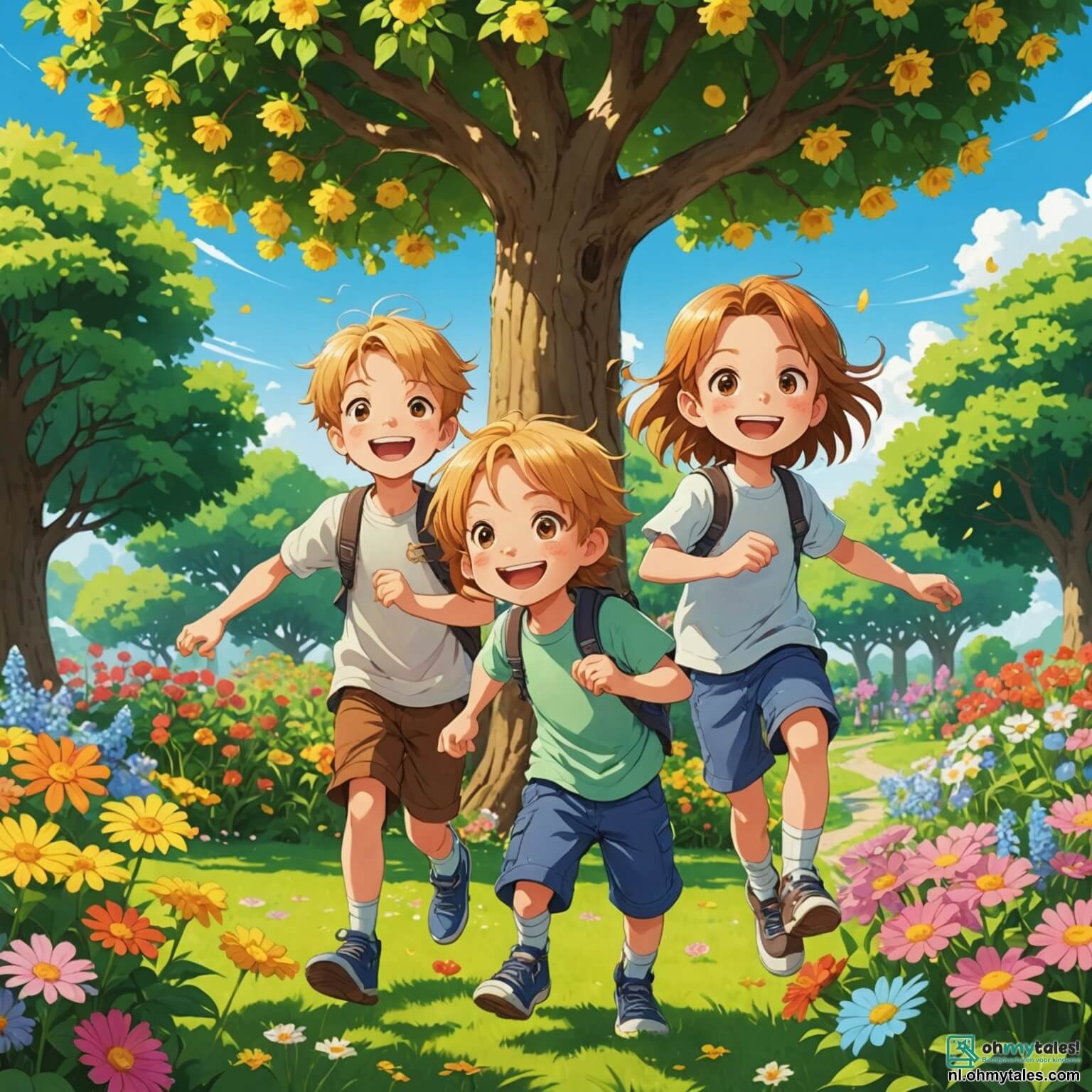 Une illustration destinée aux enfants représentant un garçon aux cheveux dorés et aux yeux pétillants, débordant d'énergie et de joie, jouant dans un jardin ensoleillé rempli de fleurs colorées aux parfums enivrants, où se trouvent également son meilleur ami, un garçon espiègle à la chevelure brune, et une fille souriante aux tresses soignées, tous trois riant et s'amusant ensemble autour d'un grand arbre aux branches étendues, sous un ciel bleu parsemé de nuages cotonneux, tandis qu'ils s'apprêtent à vivre une journée pleine d'aventures et de jeux, célébrant ainsi la beauté de l'amitié.