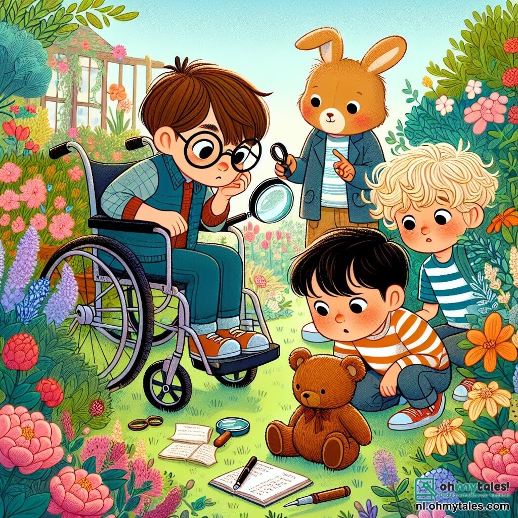 Illustratie van een scène in een charmante kleine tuin, vol kleurrijke bloemen en groene struiken. In het midden kijkt een jongen van ongeveer 8 jaar in een rolstoel, met bruin haar en een bril, nieuwsgierig naar een klein bruin teddybeer dat verstopt is tussen de bloemen. Naast hem hurkt een 7-jarige jongen met blond, krullend haar om de bloemen te bekijken, terwijl een andere jongen van 6 jaar, met zwart haar en een gestreept t-shirt, vrolijk naar de teddybeer wijst. De hoofdscène toont de drie vrienden die op onderzoek uit zijn naar de verloren teddybeer, met vastberaden en blije gezichten. Op de achtergrond kijkt een klein konijn met grote oren nieuwsgierig naar de scène, wat een vleugje magie aan de illustratie toevoegt. Onderzoeksbenodigdheden zoals een vergrootglas en een notitieboekje liggen verspreid om hen heen, wat hun rol als kleine detectives benadrukt.