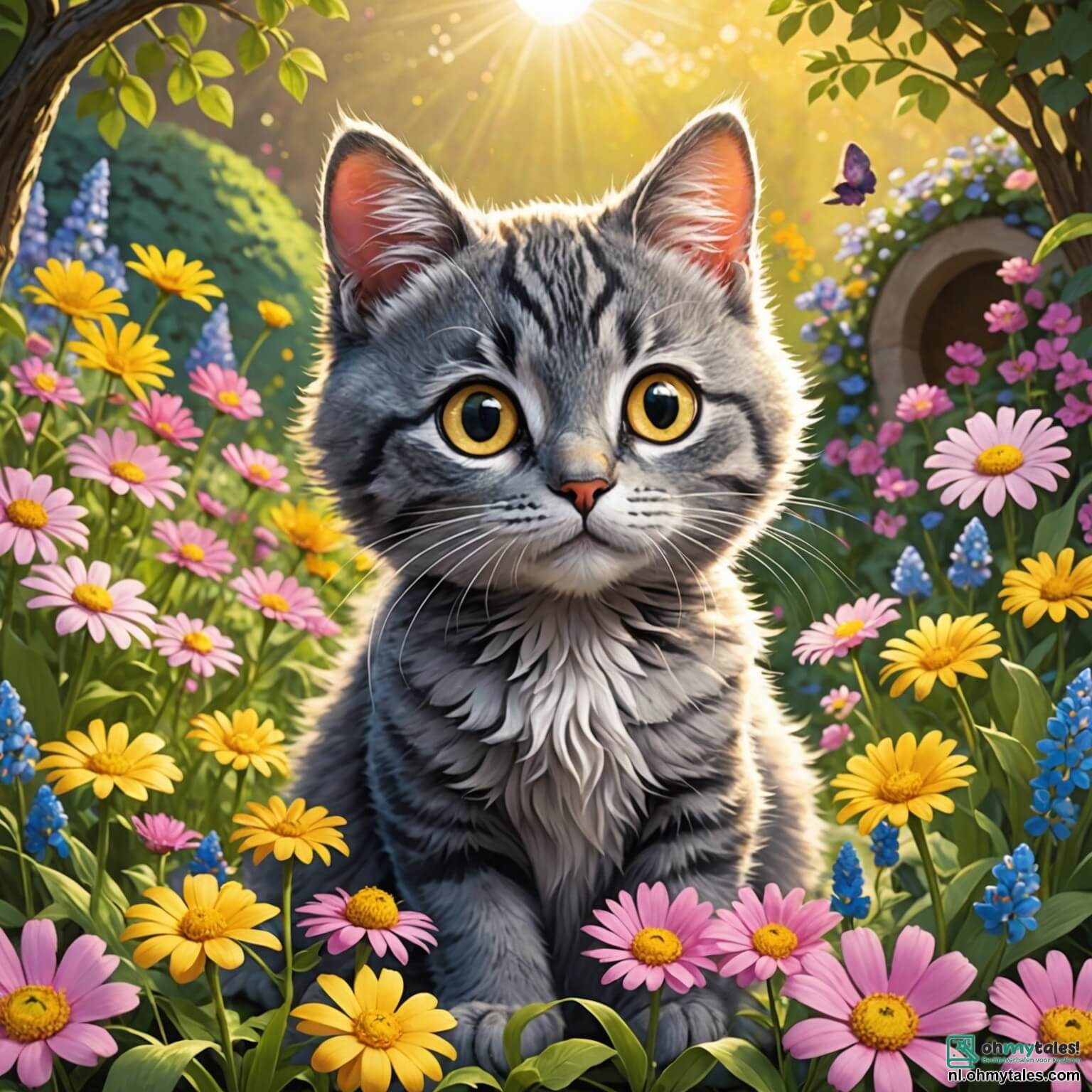 Une illustration destinée aux enfants représentant un chat aux yeux pétillants de curiosité, dont la douce fourrure grise scintille sous les rayons dorés du soleil, se faufilant avec agilité à travers un jardin enchanteur rempli de fleurs colorées dans des teintes éclatantes de rose, de jaune et de bleu, où il rencontre un petit rongeur espiègle, à la queue frétillante, qui l'accompagne dans une quête palpitante pour retrouver un lapin perdu, le tout se déroulant sous l'ombre bienveillante d'un grand chêne majestueux dont les branches s'étendent comme des bras protecteurs, créant un havre de paix au cœur de la nature.