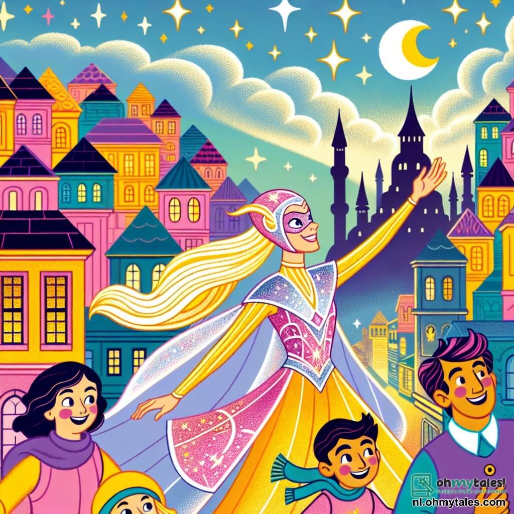 Une illustration sous forme de dessin destinée aux enfants représentant une scène vibrante de la ville de Luminara, avec des maisons colorées en rose et jaune, où une super-héroïne aux longs cheveux brillants comme des étoiles, portant un costume scintillant et une cape flottante, vole joyeusement dans le ciel bleu, tandis qu'à ses côtés, un garçon rapide aux cheveux ébouriffés et une fille rayonnante avec un sourire éclatant, tous deux en train de l'encourager, alors qu'ils s'apprêtent à affronter le méchant Donkere Wol, une grande figure nuageuse sombre, pour ramener les couleurs perdues de leur ville.