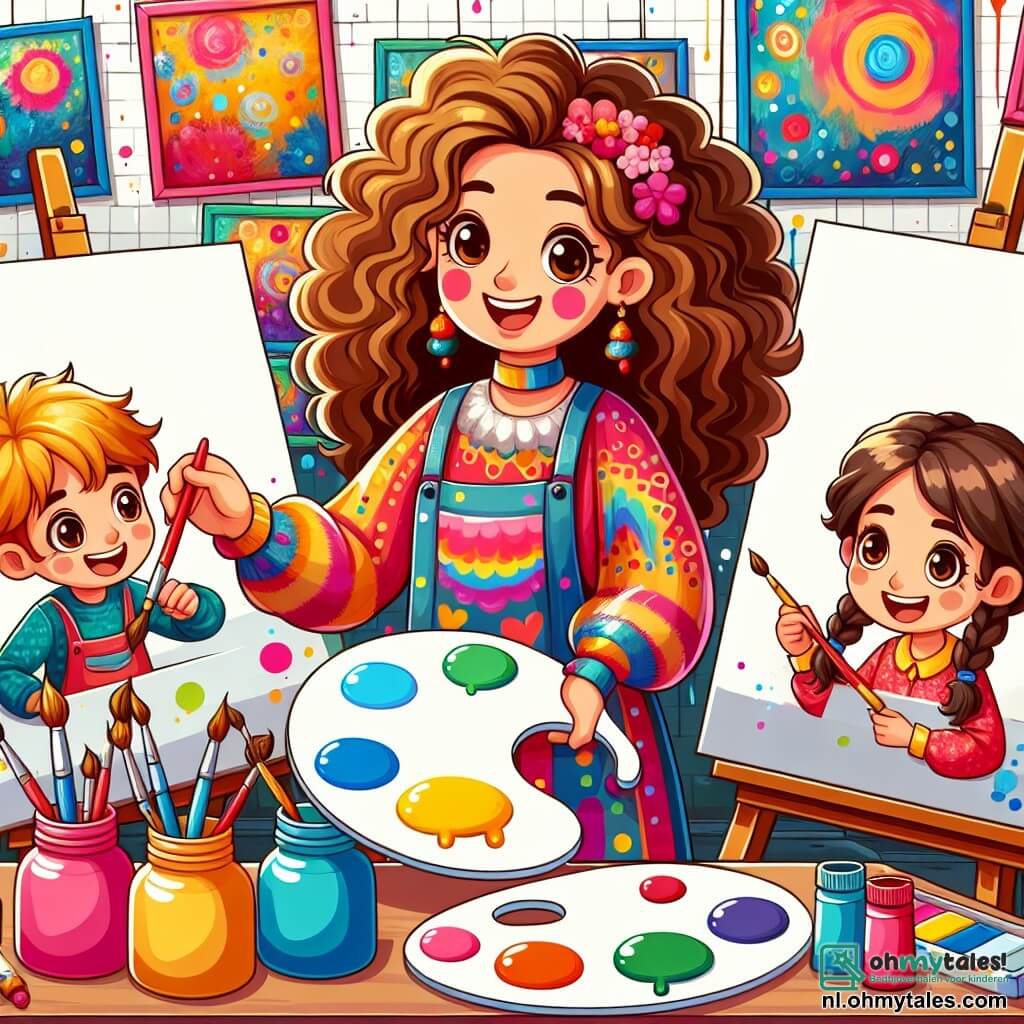 Une illustration sous forme de dessin destinée aux enfants représentant un atelier lumineux et coloré, avec des murs ornés de peintures vibrantes, où une femme aux cheveux bouclés et aux vêtements éclatants mélange des couleurs sur une palette, entourée de deux enfants, un garçon aux yeux pétillants et une fille avec une tresse, tous deux en train de peindre avec enthousiasme sur de grands toiles blanches, capturant l'esprit de créativité et de camaraderie dans un moment de joie artistique.