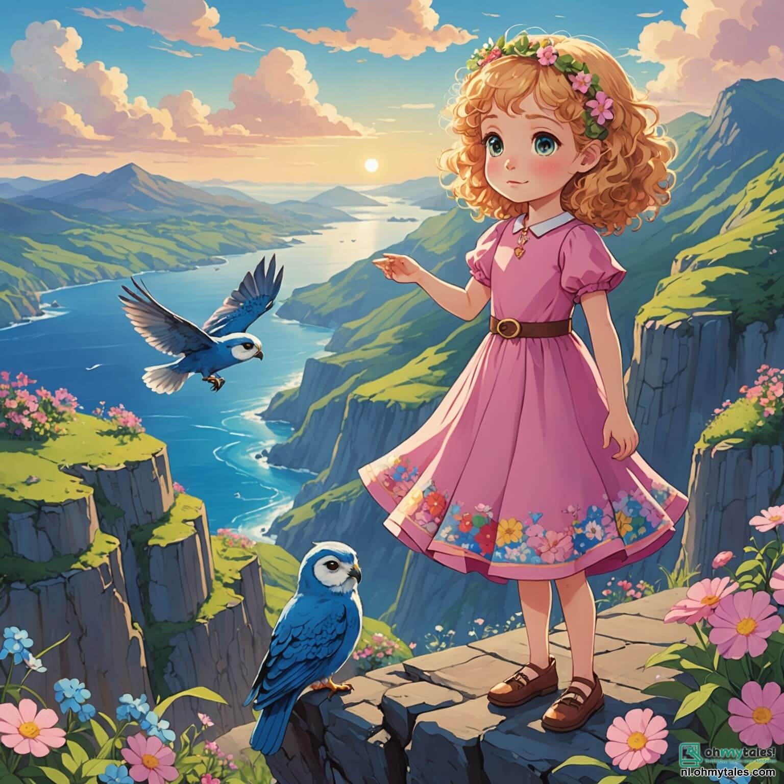 Une illustration destinée aux enfants représentant une petite fille aux cheveux bouclés et dorés, vêtue d'une robe rose parsemée de fleurs colorées, se tenant au bord d'une falaise surplombant un océan scintillant, où elle se prépare à relever le défi impossible de traverser un pont de nuages suspendu entre deux montagnes majestueuses, tandis qu'un oiseau bleu aux plumes éclatantes, son ami fidèle, et un sage vieux hibou aux yeux perçants, perchés sur une branche d'un arbre noueux, l'observent avec encouragement et curiosité, dans un paysage enchanteur où les rayons du soleil filtrent à travers les feuilles vertes, créant des ombres dansantes sur le sol.