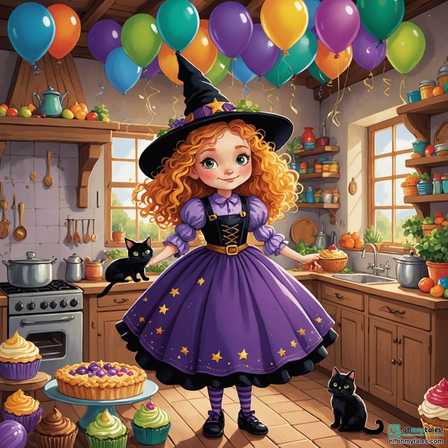Une illustration destinée aux enfants représentant une apprentie sorcière aux cheveux bouclés et dorés, portant une robe violette ornée d'étoiles scintillantes, qui, dans sa cuisine remplie de bocaux colorés et d'herbes parfumées, tente de concocter une délicieuse tarte magique avec l'aide de son fidèle chat noir aux yeux émeraude, tout en étant entourée de ballons flottants et de cupcakes dansants, le tout se déroulant dans un charmant petit village aux maisons en pain d'épice, aux jardins fleuris et aux ruelles pavées, où le soleil brille et les oiseaux chantent joyeusement.