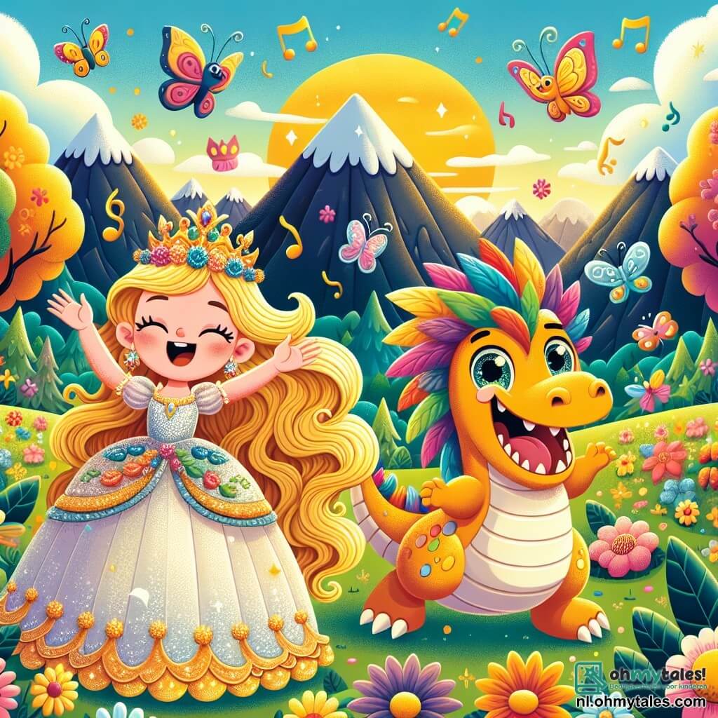 Une illustration sous forme de dessin destinée aux enfants représentant un magnifique paysage de montagne avec des arbres colorés et des fleurs éclatantes, où une princesse aux cheveux longs et dorés, vêtue d'une robe scintillante, danse joyeusement avec un drôle de dragon à la grande bouille ronde, aux yeux pétillants et portant une immense et colorée chapeau à plumes, tandis qu'ils rient ensemble sous un ciel ensoleillé, entourés de papillons virevoltant et de notes de musique flottant dans l'air, illustrant leur amitié et la magie du royaume enchanté.
