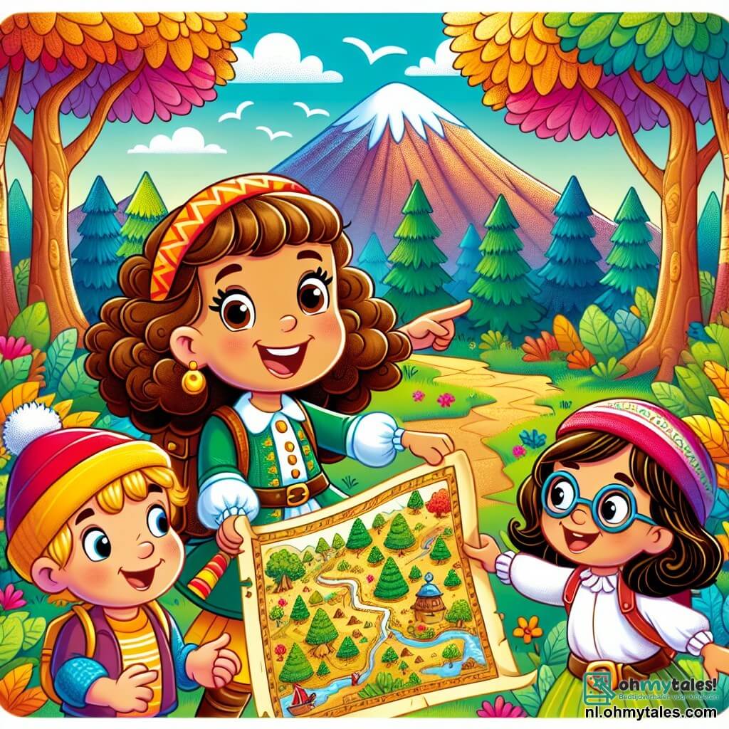 Une illustration sous forme de dessin destinée aux enfants représentant un magnifique paysage de forêt verdoyante, avec de grands arbres aux feuilles colorées, où une petite fille de 3 ans aux cheveux bruns et bouclés, souriante et pleine d'énergie, tient une carte au trésor dans ses mains, tandis que deux de ses amis, un garçon aux cheveux blonds portant une casquette rouge et une fille aux cheveux châtains avec des lunettes, l'encouragent en pointant vers une montagne au loin, alors qu'ils se préparent à partir à l'aventure pour chercher une mystérieuse chasse au trésor.