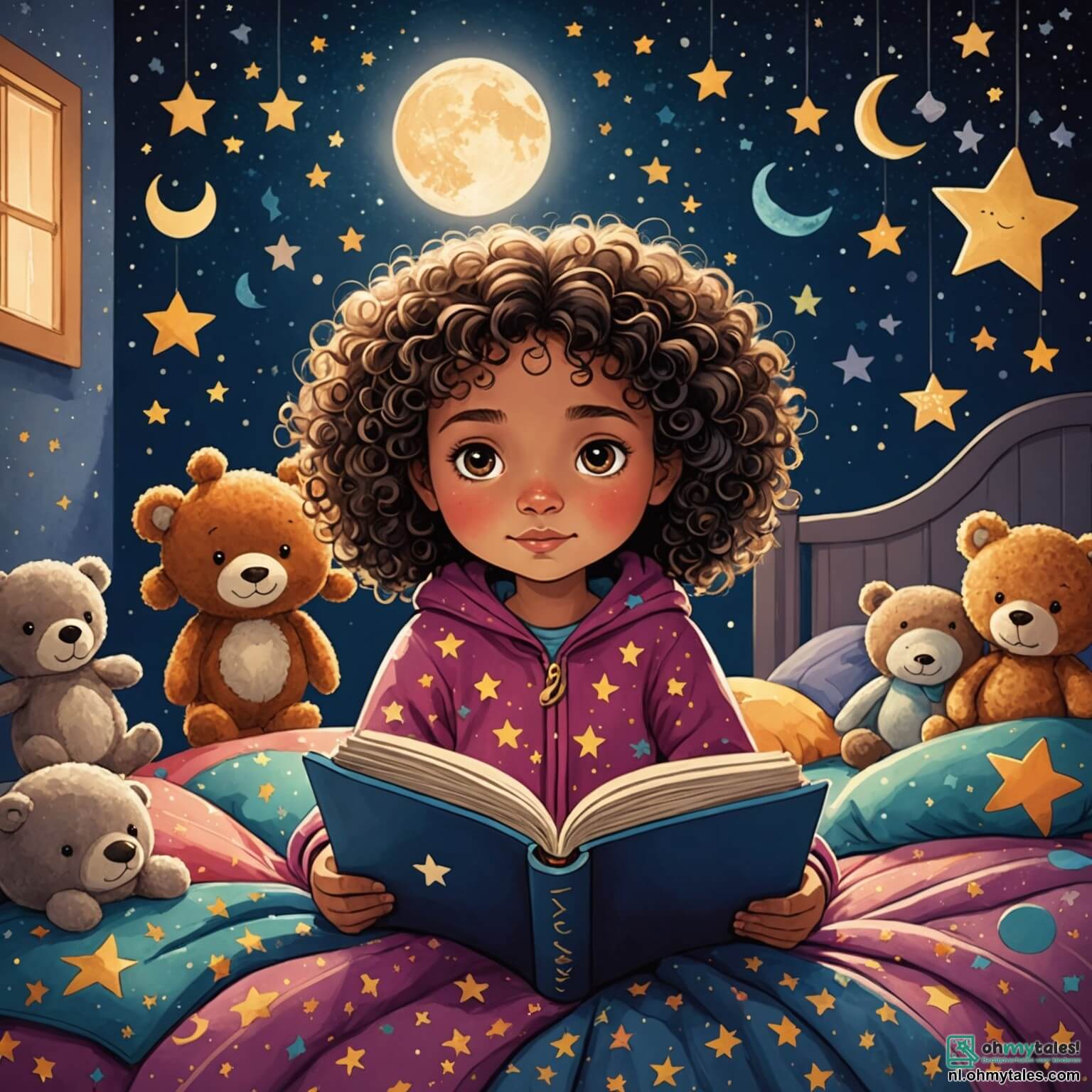 Une illustration destinée aux enfants représentant une petite fille aux cheveux bouclés et aux yeux pétillants, blottie sous ses couvertures colorées dans sa chambre douillette aux murs ornés de dessins d'étoiles et de lunes scintillantes, où elle lutte contre sa peur du noir, entourée de peluches réconfortantes qui semblent lui murmurer des mots doux, tandis qu'à l'extérieur, la nuit enveloppe le monde d'un manteau d'obscurité mystérieuse, peuplée de bruits étranges et de chuchotements, et où un ami inattendu, une ombre amicale, l'accompagne dans cette aventure nocturne pour lui montrer que même dans l'obscurité, il y a de la magie à découvrir.