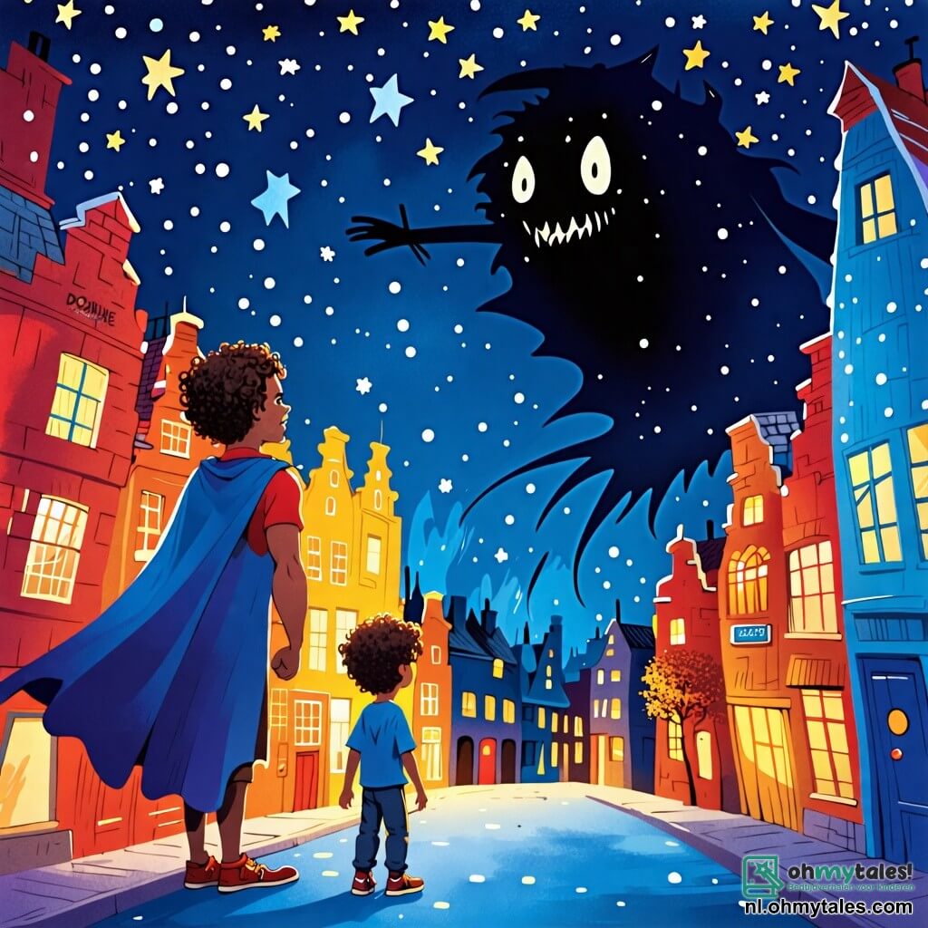 Une illustration sous forme de dessin destinée aux enfants représentant une ville colorée sous un ciel étoilé, avec un homme musclé portant une grande cape bleue et un sourire amical, qui se tient courageusement face à une silhouette sombre et menaçante, la Donkere Schaduw, qui semble essayer d'aspirer les étoiles, tandis qu'un petit garçon aux cheveux bouclés et aux yeux brillants observe avec admiration et espoir, entouré de bâtiments colorés et de lumières scintillantes, illustrant le moment où le héros s'apprête à sauver la nuit.