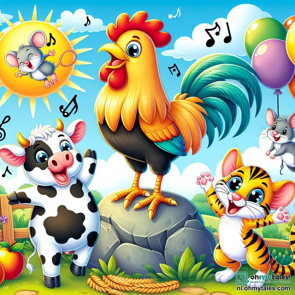 Une illustration sous forme de dessin destinée aux enfants représentant une scène joyeuse sur une ferme ensoleillée, avec un coq aux plumes brillantes et colorées, se tenant fièrement sur une pierre tout en riant et en racontant des blagues à ses amis, une vache douce au pelage noir et blanc qui danse joyeusement, une souris malicieuse aux yeux pétillants qui fait des grimaces, et un chat curieux aux poils tigrés qui saute autour d'eux, le tout entouré de ballons colorés et de délicieux fruits, illustrant un moment de fête et d'amitié.