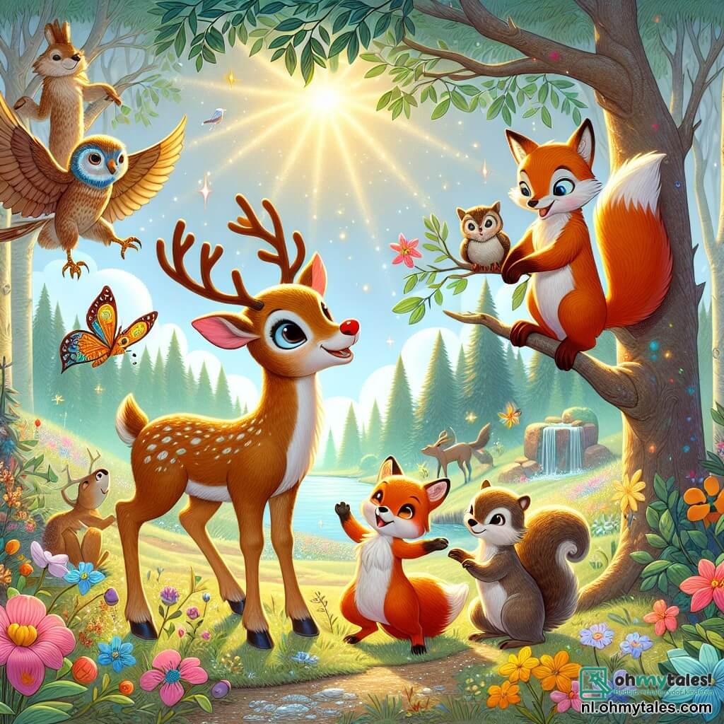 Une illustration sous forme de dessin destinée aux enfants représentant une scène enchantée dans une forêt magique, où un jeune renne à la fourrure brun clair et à la nez rouge éclatant se tient au centre, entouré de ses amis : une renarde rusée au pelage orange vif qui danse joyeusement, un écureuil espiègle avec une queue touffue qui ramasse des fleurs colorées, et un hibou sage aux plumes brunes perché sur une branche, tous ensemble en train de célébrer leur amitié et de faire des vœux près d'une source scintillante, sous un ciel ensoleillé parsemé de nuages doux.