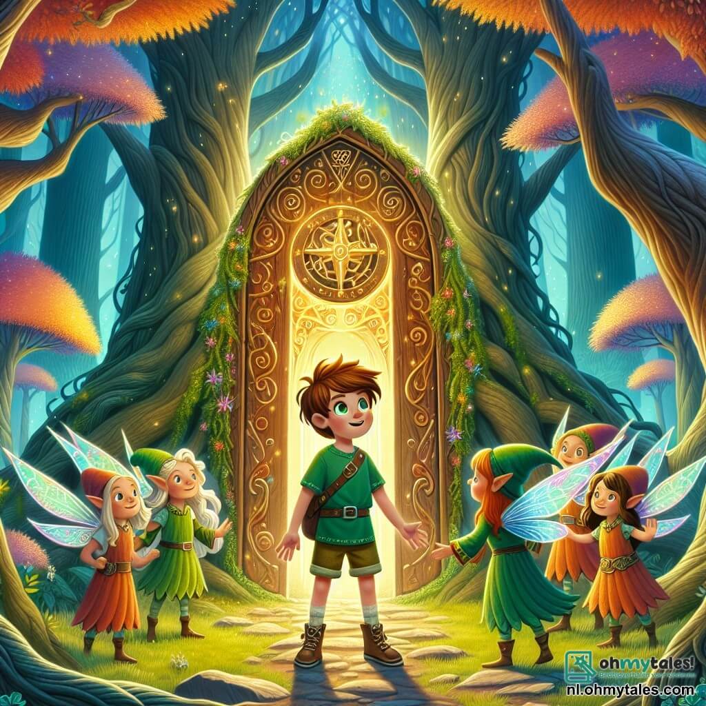 Une illustration sous forme de dessin destinée aux enfants représentant une forêt enchantée, avec des arbres gigantesques aux feuilles multicolores et une lumière dorée filtrant à travers les branches, où un garçon de 11 ans aux cheveux châtains et aux yeux pétillants, vêtu d'un t-shirt vert et d'un short, se tient courageusement devant une grande porte magique ornée de symboles mystérieux, tandis qu'un petit groupe d'elfes aux ailes scintillantes et aux robes colorées l'encourage avec des sourires, illustrant le moment où le jeune aventurier s'apprête à entrer dans un monde fantastique rempli de magie et d'amitié.