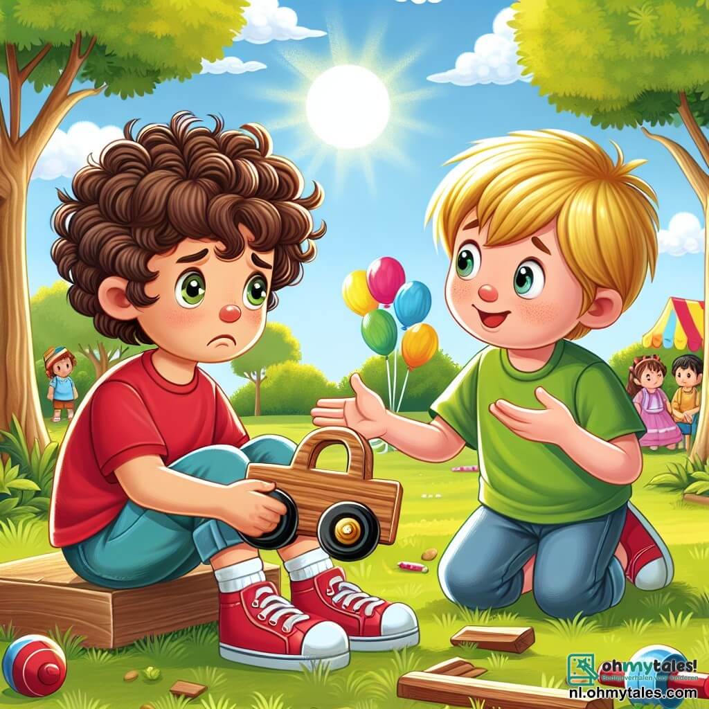 Une illustration sous forme de dessin destinée aux enfants représentant un parc ensoleillé, avec un garçon de 7 ans aux cheveux bruns et bouclés, portant un t-shirt rouge et un short bleu, assis sur l'herbe avec un regard inquiet, tenant une voiture en bois cassée entre ses mains, tandis qu'un autre garçon de 7 ans aux cheveux blonds et courts, vêtu d'un t-shirt vert, s'approche avec un sourire réconfortant, illustrant le moment où le garçon se sent coupable d'avoir menti à son ami sur la façon dont la voiture s'est brisée, entouré de ballons colorés et d'une ambiance festive.