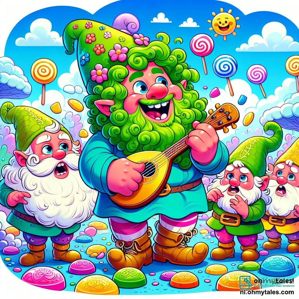 Une illustration sous forme de dessin destinée aux enfants représentant une scène colorée dans la magique Snoepvallei, avec un lutin joyeux aux cheveux bouclés et à la peau verte, jouant de la luth tout en racontant des blagues, entouré de ses amis : un lutin à la barbe touffue et verte qui danse avec entrain, et un lutin aux yeux brillants et aux oreilles pointues, visiblement inquiet, cherchant ses bonbons disparus, le tout sous un ciel ensoleillé rempli de nuages en forme de bonbons et de sucreries flottantes.