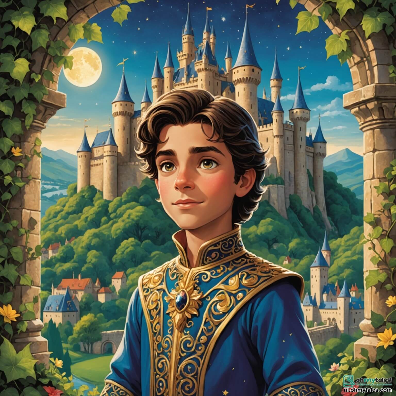 Une illustration destinée aux enfants représentant un prince au regard pétillant comme des étoiles, vêtu d'une tunique scintillante ornée de fils d'or, se tenant courageusement devant un château majestueux aux tours élancées, dont les murs de pierre sont recouverts de lierre verdoyant et de fleurs colorées qui dansent au gré du vent. Dans cette histoire, le prince se retrouve face à un défi magique pour sauver son royaume d'une sorcière maléfique, tandis qu'à ses côtés, une belle princesse au cœur pur, vêtue d'une robe de satin rose, l'encourage avec des mots doux et réconfortants. Le décor enchanteur du royaume, avec ses vastes jardins fleuris, ses rivières scintillantes et ses forêts mystérieuses, crée une atmosphère de rêve et d'aventure.