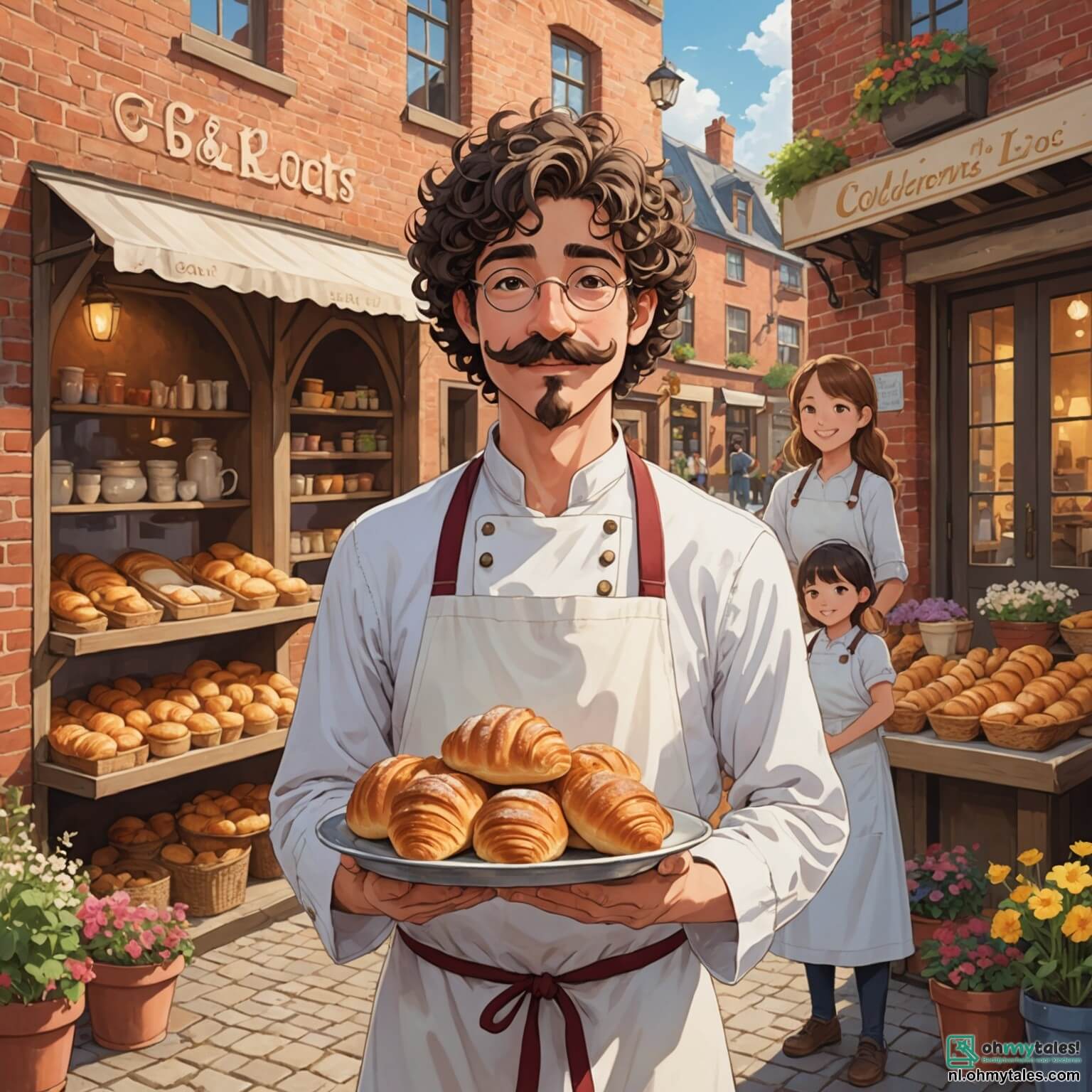 Une illustration destinée aux enfants représentant un homme jovial aux cheveux bouclés et à la moustache bien taillée, vêtu d'un grand tablier blanc taché de farine, debout dans sa boulangerie chaleureuse aux murs en briques rouges ornés de pots de fleurs colorés, où l'odeur enivrante du pain chaud et des croissants dorés flotte dans l'air, entouré de deux enfants, une fille aux longues tresses dorées et un garçon aux lunettes rondes, qui s'affairent joyeusement à pétrir la pâte sous le regard bienveillant de cet homme passionné par son métier, alors qu'ils s'apprêtent à réaliser ensemble un grand pain rond pour la première fois.