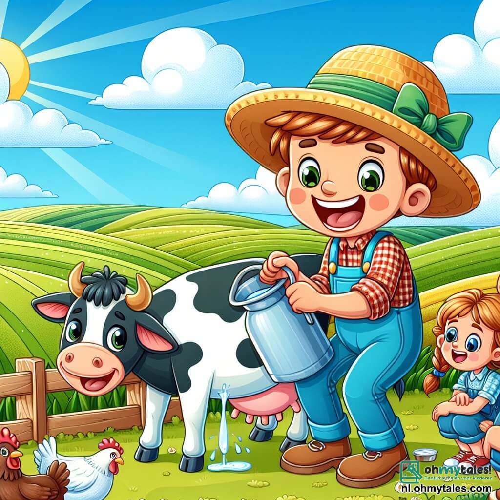 Une illustration sous forme de dessin destinée aux enfants représentant une ferme ensoleillée avec de vastes champs verdoyants, un homme jovial au visage rond, portant une grande chapeau de paille et une salopette bleue, en train de traire une vache paisible, tandis qu'une fille aux cheveux tressés et un garçon souriant, tous deux curieux, observent avec émerveillement, entourés de poules picorant le sol et d'un ciel bleu parsemé de nuages blancs.