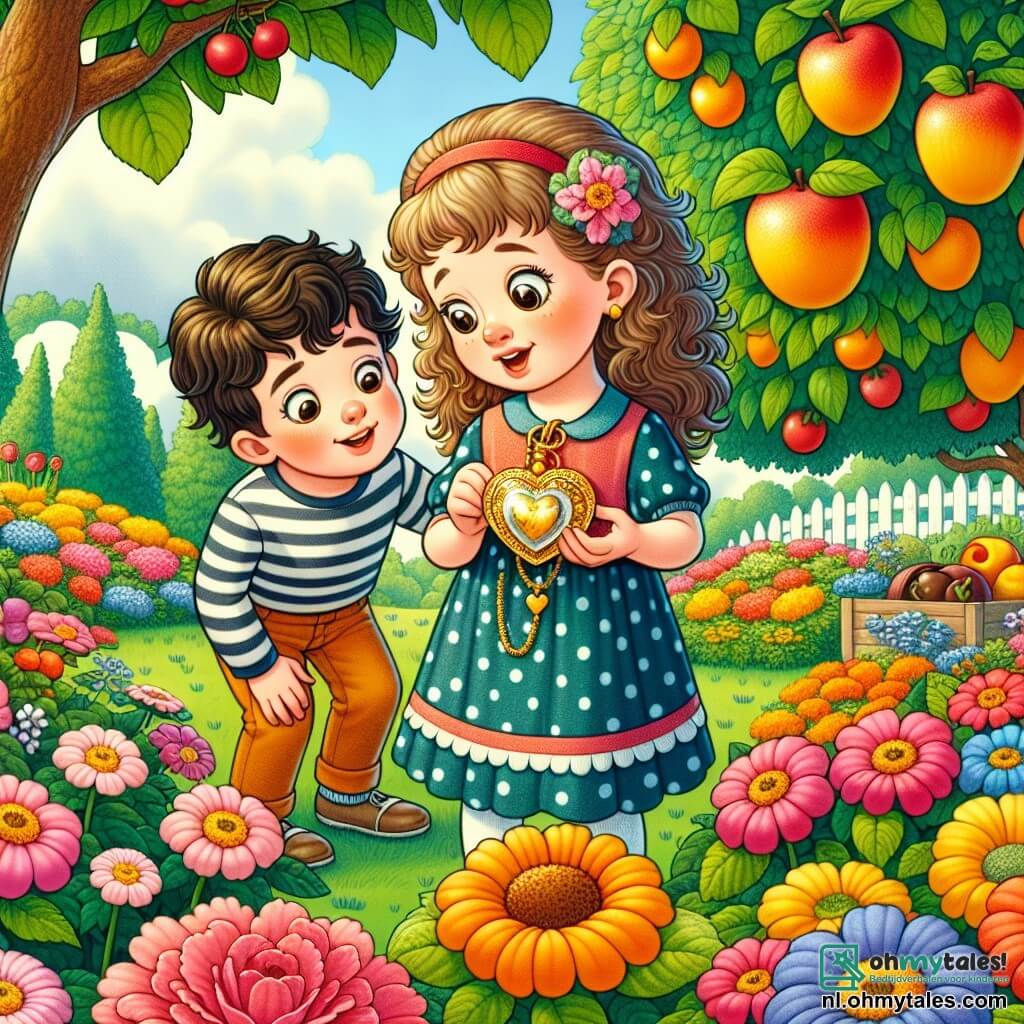 Une illustration sous forme de dessin destinée aux enfants représentant une charmante jardin coloré avec des fleurs éclatantes et un grand arbre fruitier, où une petite fille de 5 ans aux cheveux bouclés et aux yeux pétillants, portant une robe à pois, examine avec curiosité une belle chaîne en or en forme de cœur, tandis qu'un garçon de son âge, aux cheveux bruns et portant un t-shirt rayé, se penche à côté d'elle avec un air intrigué, tous deux plongés dans leur enquête pour retrouver le propriétaire de la mystérieuse chaîne.