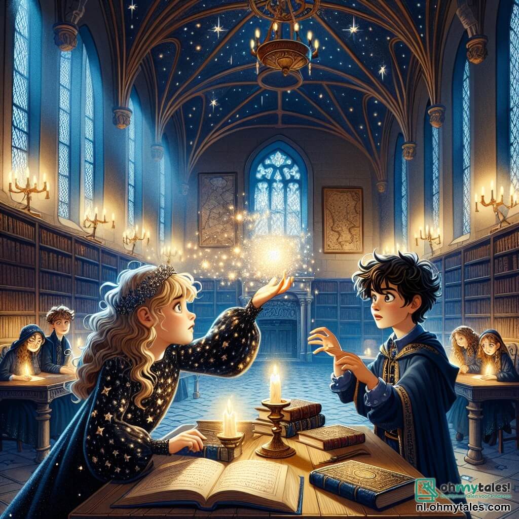 Une illustration sous forme de dessin destinée aux enfants représentant une scène magique dans une grande salle de classe d'une académie de sorcellerie, avec des murs couverts de cartes étoilées et de livres anciens, où une jeune apprentie sorcière aux longs cheveux châtains, vêtue d'une robe noire ornée d'étoiles, se concentre intensément pour faire léviter une petite boule de lumière scintillante au-dessus de sa main, tandis qu'un garçon aux yeux pétillants et aux cheveux ébouriffés, vêtu d'une tunique bleue, l'encourage avec un sourire, et une fille aux cheveux blonds et bouclés, assise à une table, observe avec fascination, alors qu'une aura de mystère et d'excitation flotte dans l'air, symbolisant leur apprentissage de la magie.