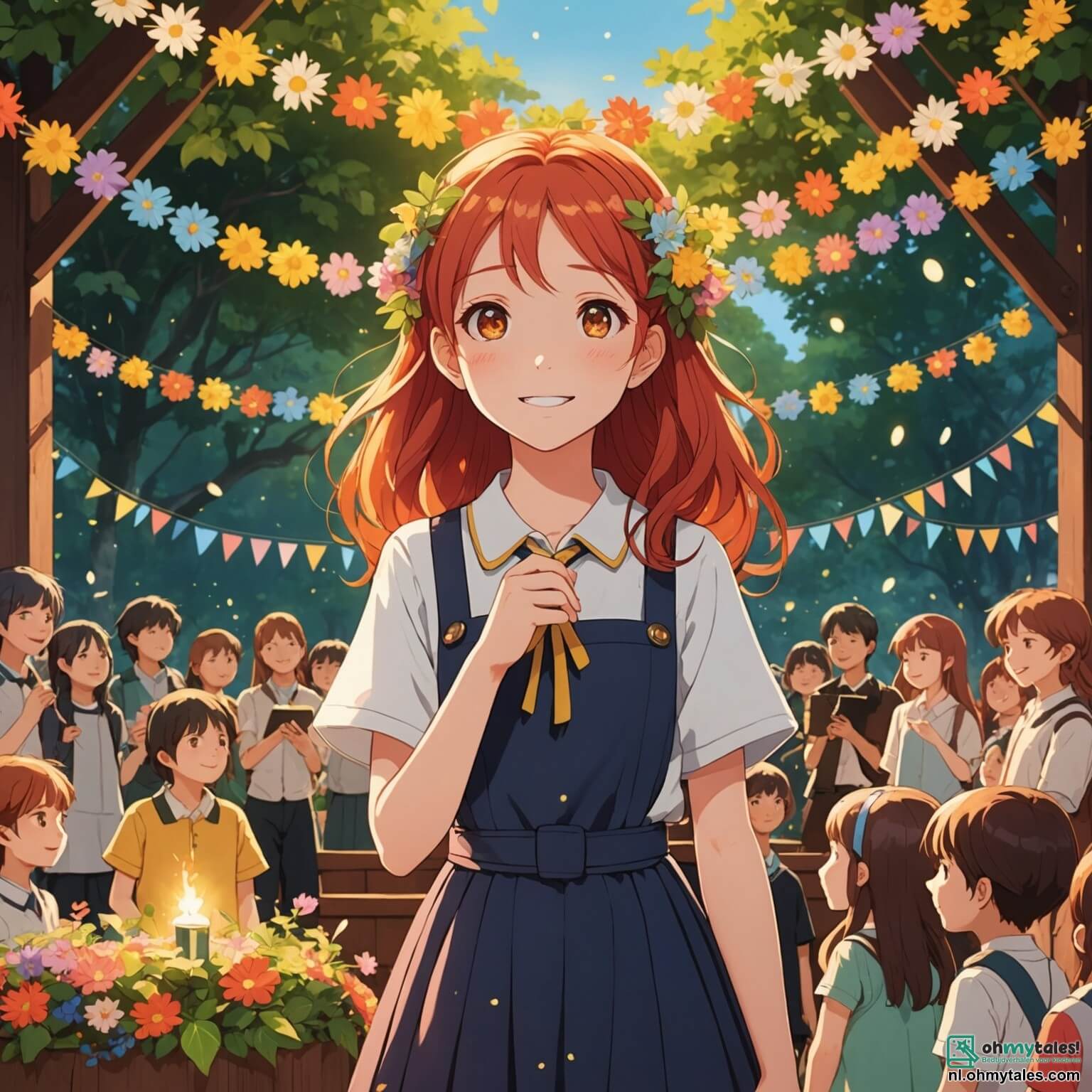 Une illustration destinée aux enfants représentant une jeune femme à la chevelure flamboyante, dont la voix douce et mélodieuse résonne comme un chant d'oiseau au lever du soleil, se tenant sur une scène en bois ornée de guirlandes de fleurs colorées, entourée d'un groupe d'enfants aux yeux pétillants de joie, qui l'écoutent avec admiration alors qu'ils s'apprêtent à donner leur premier concert dans un parc verdoyant, où les arbres dansent au rythme de la musique et les rayons du soleil filtrent à travers les feuilles, créant une atmosphère magique pleine de rires et d'amitié, tandis qu'un homme âgé à la barbe blanche, vêtu d'une chemise à carreaux, observe avec fierté et bienveillance, prêt à encourager cette belle aventure musicale.