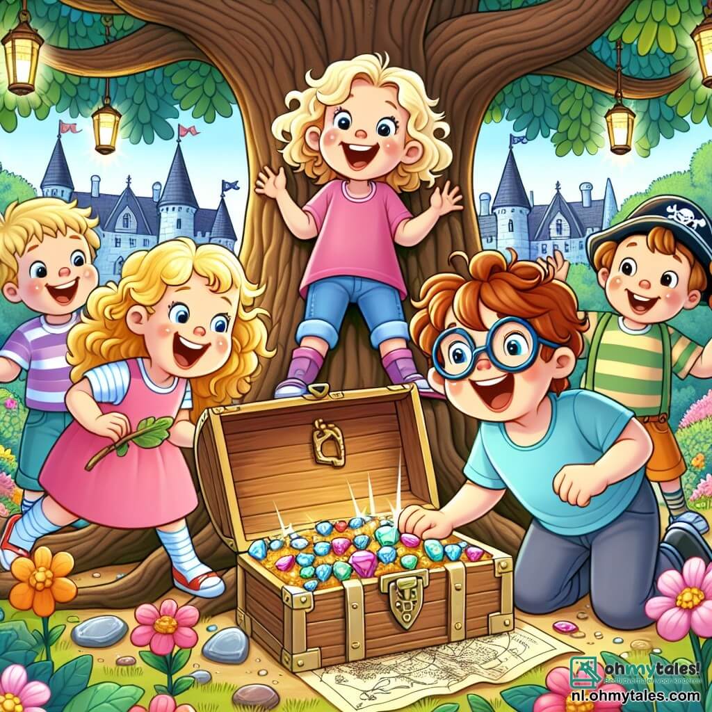 Une illustration sous forme de dessin destinée aux enfants représentant un groupe de quatre enfants de 5 ans, deux filles aux cheveux bouclés et blonds, l'une portant une robe rose et l'autre un t-shirt violet, et deux garçons, l'un avec des lunettes et un t-shirt bleu, l'autre en fauteuil roulant avec un chapeau de pirate, tous en train de creuser avec enthousiasme sous un grand chêne dans le jardin d'un ancien château, entourés de fleurs colorées et d'une vieille carte au trésor, alors qu'ils découvrent une mystérieuse vieille boîte en bois pleine d'éclatantes pierres précieuses, illustrant leur aventure de petits enquêteurs à la recherche de la légendaire trésor disparue.