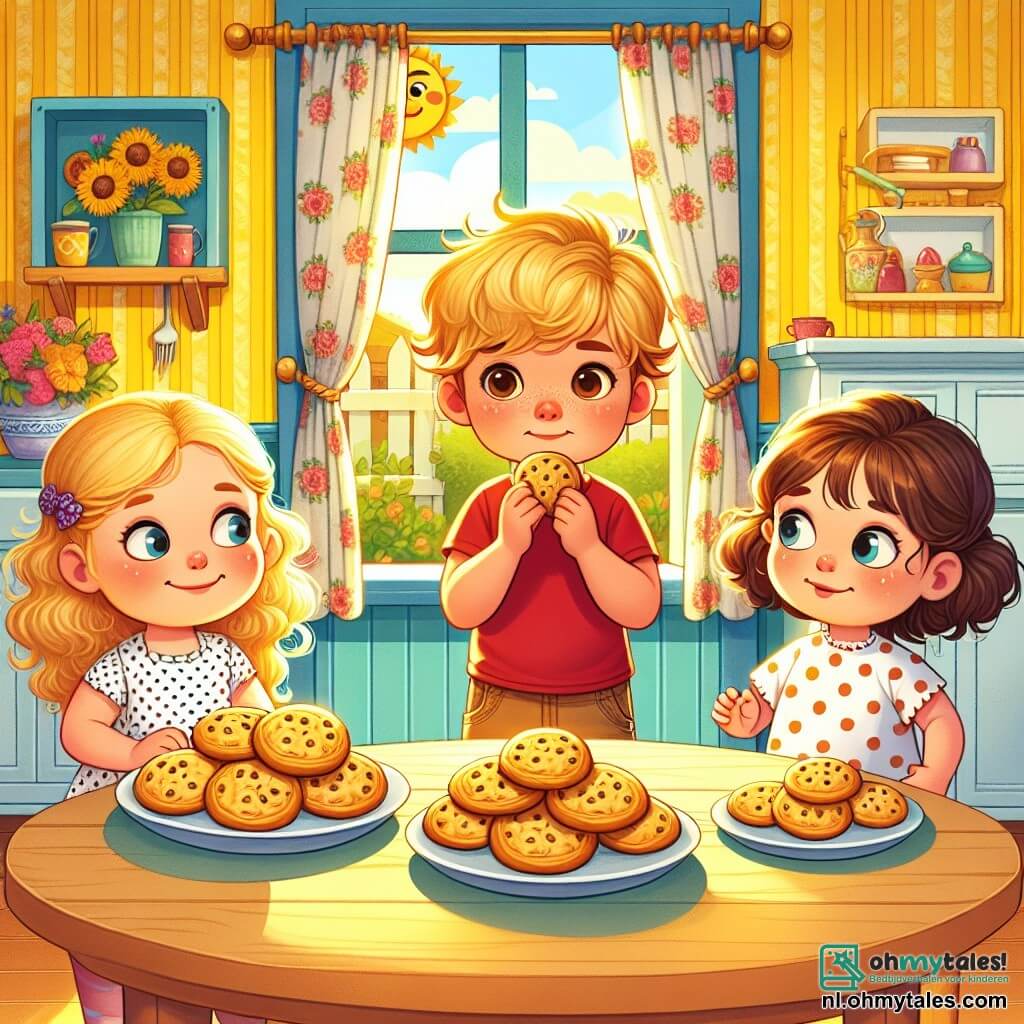 Illustratie van een zonnige scène in een kleurrijke keuken, met gele muren en bloemenpatronen op de gordijnen. Op de houten tafel liggen schalen met heerlijke gouden koekjes die een verrukkelijke geur verspreiden. In het midden staat een meisje van zes jaar met lange, krullende haren en een stippenjurk, die vrolijk glimlacht terwijl ze een koekje in haar hand houdt. Links van haar staat een jongen van zes jaar met kort haar en een rode t-shirt, die er een beetje schuldig uitziet met zijn handen in de zakken van zijn korte broek. Rechts staat een meisje van zes jaar met sprankelende blauwe ogen, dat de jongen met een mengeling van verrassing en afkeuring aankijkt. De hoofd situatie toont de jongen die bekent dat hij heeft gelogen over zijn schuilplek tijdens het verstoppertje spelen, terwijl de andere kinderen aandachtig luisteren, met een nieuwsgierige en begripvolle uitstraling. Op de achtergrond laat een raam zonlicht binnen dat de scène verlicht en een warme, vriendelijke sfeer creëert. Speelgoed dat op de vloer verspreid ligt, voegt een speelse toets toe aan de illustratie.