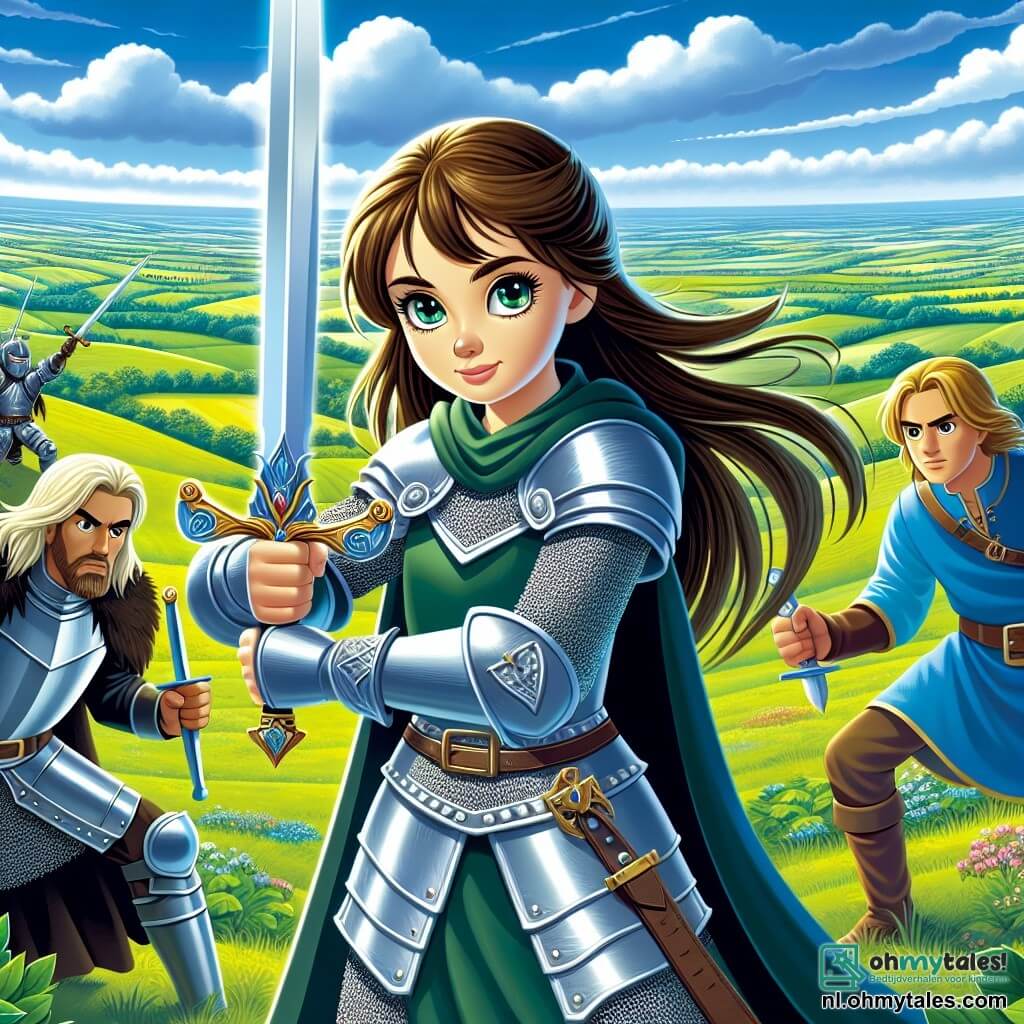 Une illustration sous forme de dessin destinée aux enfants représentant une vaste plaine verdoyante sous un ciel bleu éclatant, où une courageuse chevaleresse aux longs cheveux châtains et aux yeux verts, vêtue d'une armure étincelante, brandit son épée avec détermination face à un groupe de bandits menaçants, tandis qu'un jeune homme aux cheveux blonds et à la tunique bleue, son ami fidèle, se tient prêt à l'aider, illustrant ainsi le moment crucial où ils unissent leurs forces pour défendre leur royaume contre le mal.