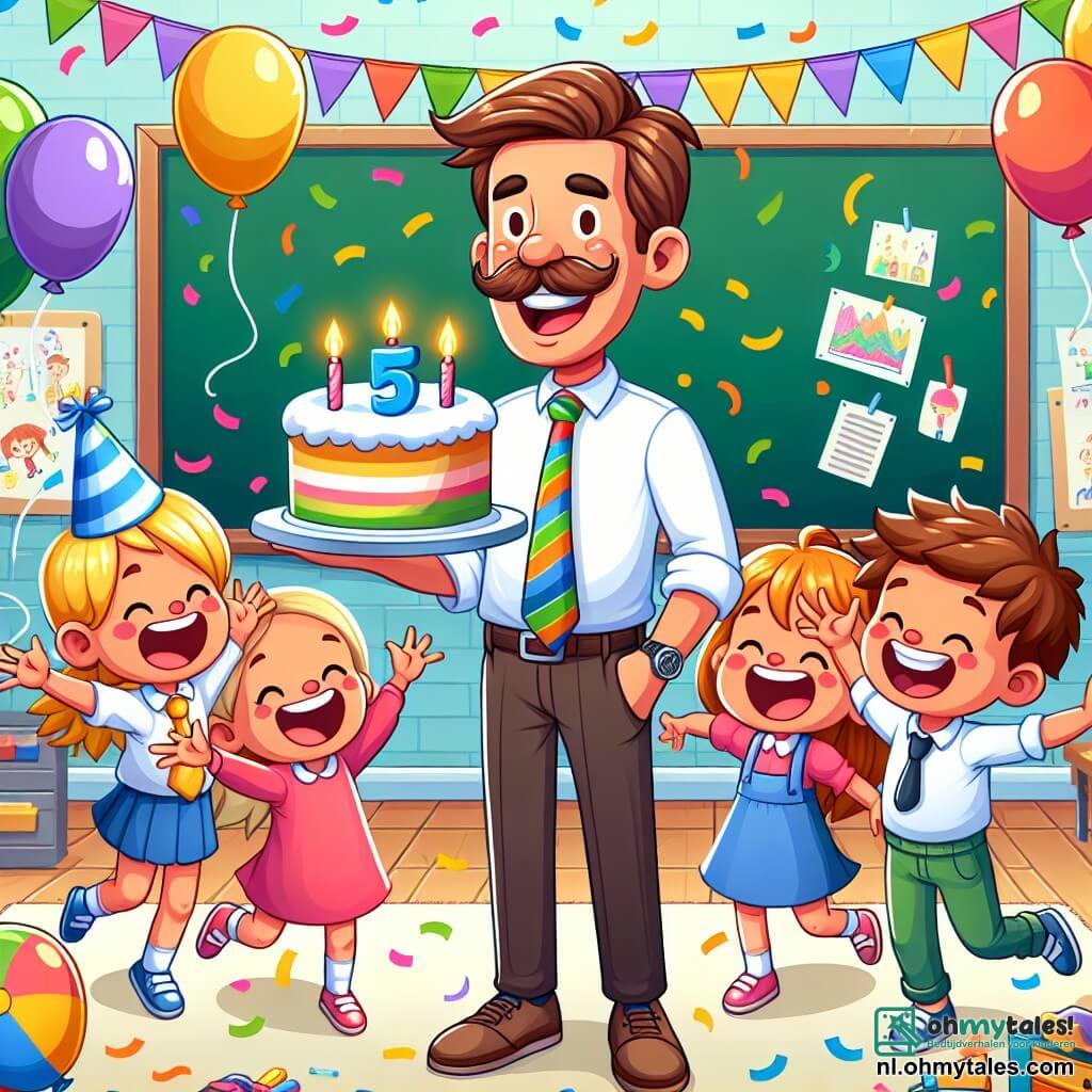 Une illustration sous forme de dessin destinée aux enfants représentant une salle de classe colorée, avec des murs décorés de dessins d'enfants et de ballons flottants, où un instituteur joyeux, un homme aux cheveux bruns et à la moustache, souriant et portant une stropdas colorée, se tient au centre en tenant un gâteau d'anniversaire, tandis que des enfants, deux filles aux cheveux blonds et bruns, et un garçon aux cheveux châtains, dansent et rient autour de lui, célébrant la fin de l'année scolaire avec des éclats de joie et des confettis qui volent dans l'air.