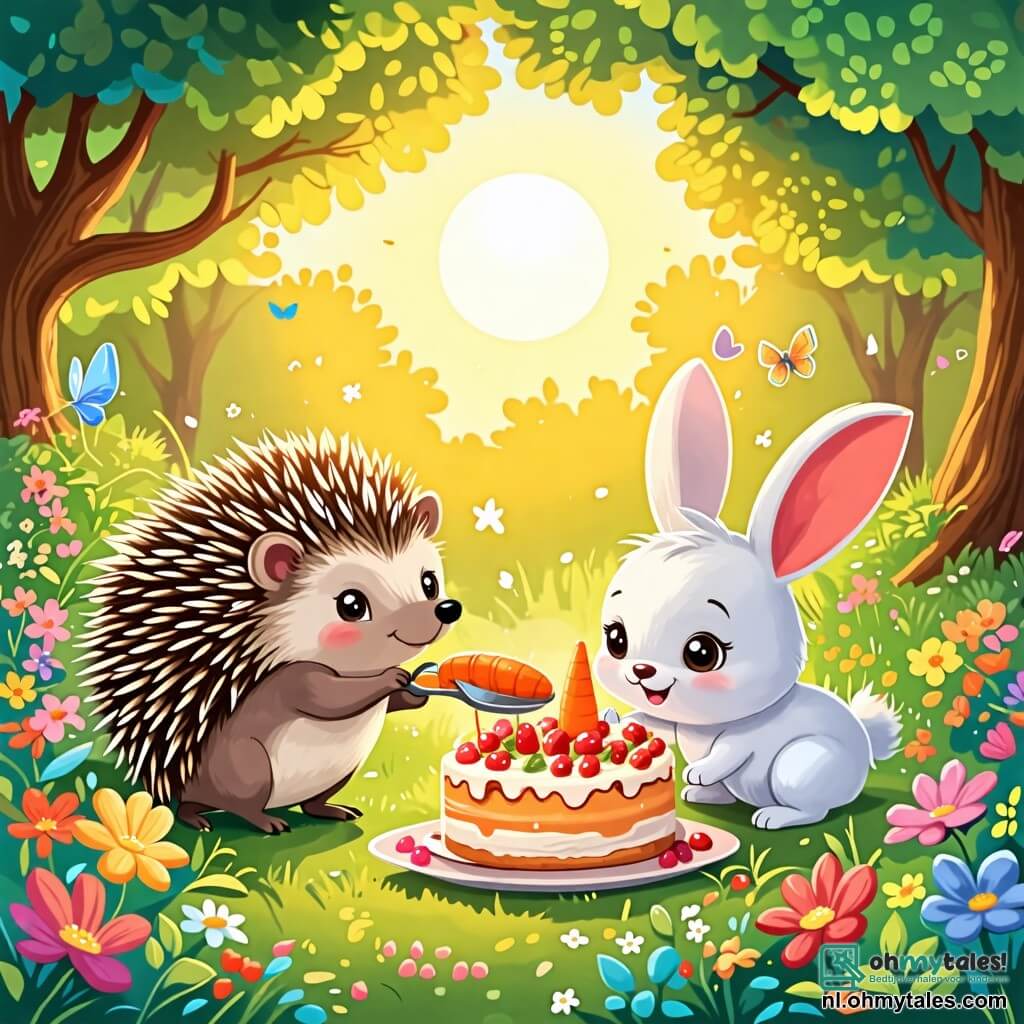 Une illustration sous forme de dessin destinée aux enfants représentant un parc verdoyant avec des arbres colorés et des fleurs éclatantes, où un petit hérisson aux piquants brillants et aux yeux pétillants est en train de préparer une fête joyeuse, entouré d'un adorable lapin aux grandes oreilles et à la fourrure blanche qui s'affaire à mélanger des ingrédients pour une délicieuse gâteau à la carotte, tandis qu'une douce lumière dorée du soleil couchant illumine la scène, créant une atmosphère festive et chaleureuse.