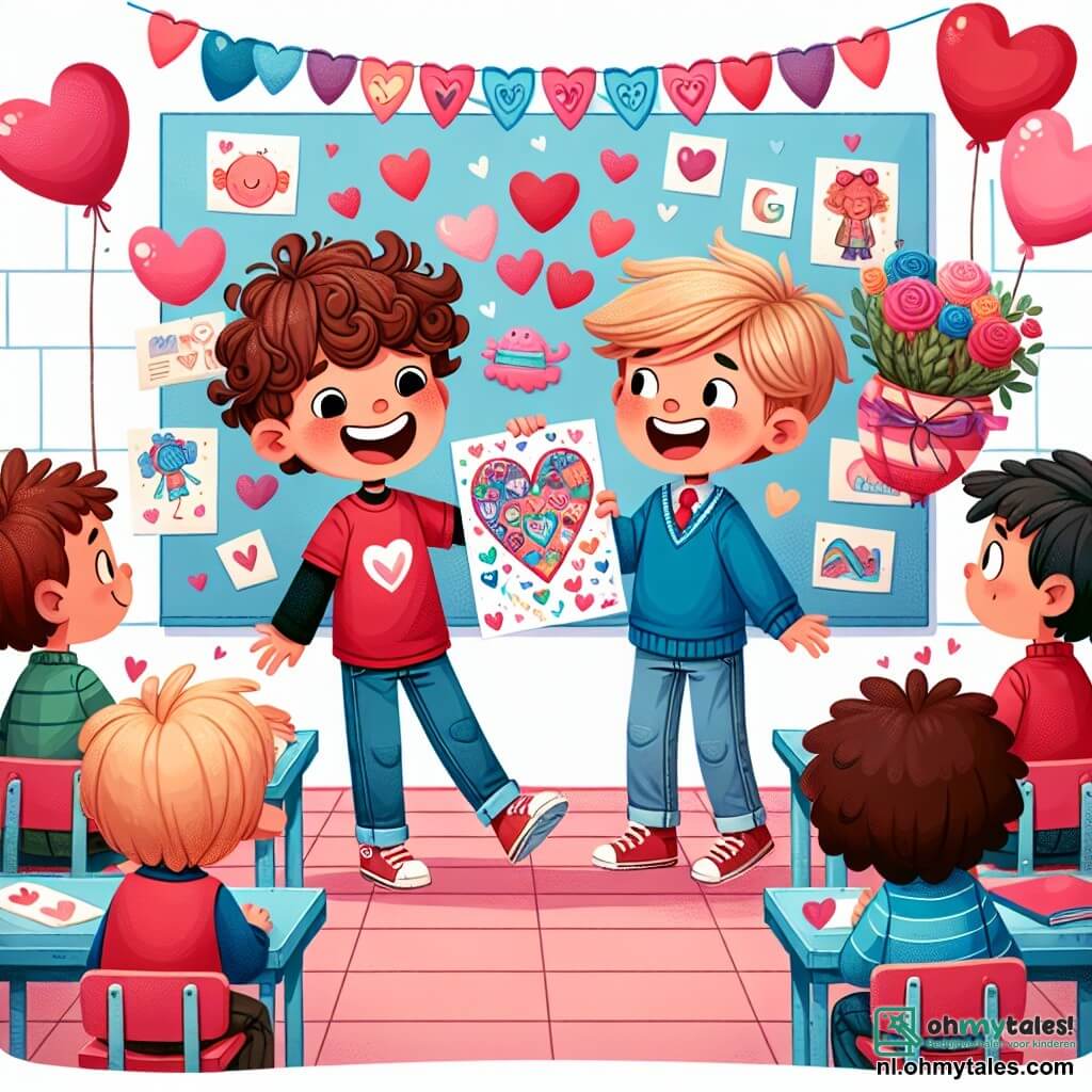 Une illustration sous forme de dessin destinée aux enfants représentant une salle de classe colorée, décorée de cœurs et de ballons pour la Saint-Valentin, où un garçon de 10 ans aux cheveux bruns et bouclés, portant un t-shirt rouge et un jean, est en train de sourire joyeusement en tenant une grande carte décorée de dessins colorés, tandis qu'un autre garçon de 10 ans aux cheveux blonds et lisses, vêtu d'un pull bleu, l'encourage avec un grand sourire, alors qu'ils s'apprêtent à présenter leur poème de la Saint-Valentin devant leurs camarades, tous assis autour d'eux, captivés par leur créativité et leur amitié.