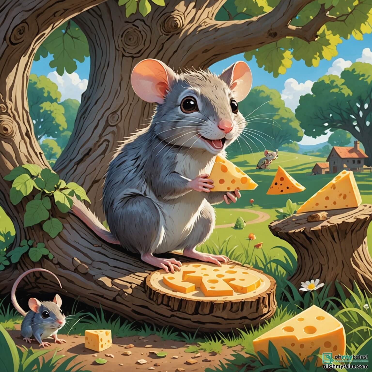 Une illustration destinée aux enfants représentant un rat espiègle à la fourrure grise scintillante, aux yeux pétillants de malice, se faufilant avec agilité sous une grande écorce d'un chêne majestueux, où il rêve de dérober une énorme meule de fromage savoureuse dans la cuisine d'une ferme voisine, tandis que ses amis, une joyeuse grenouille aux couleurs vives et un écureuil rusé à la queue touffue, l'encouragent depuis les buissons fleuris, tout cela baigné par la lumière dorée du soleil couchant qui danse sur les feuilles vertes et éclaire le chemin d'aventures à travers un paysage enchanteur rempli de fleurs éclatantes et de doux murmures de la nature.
