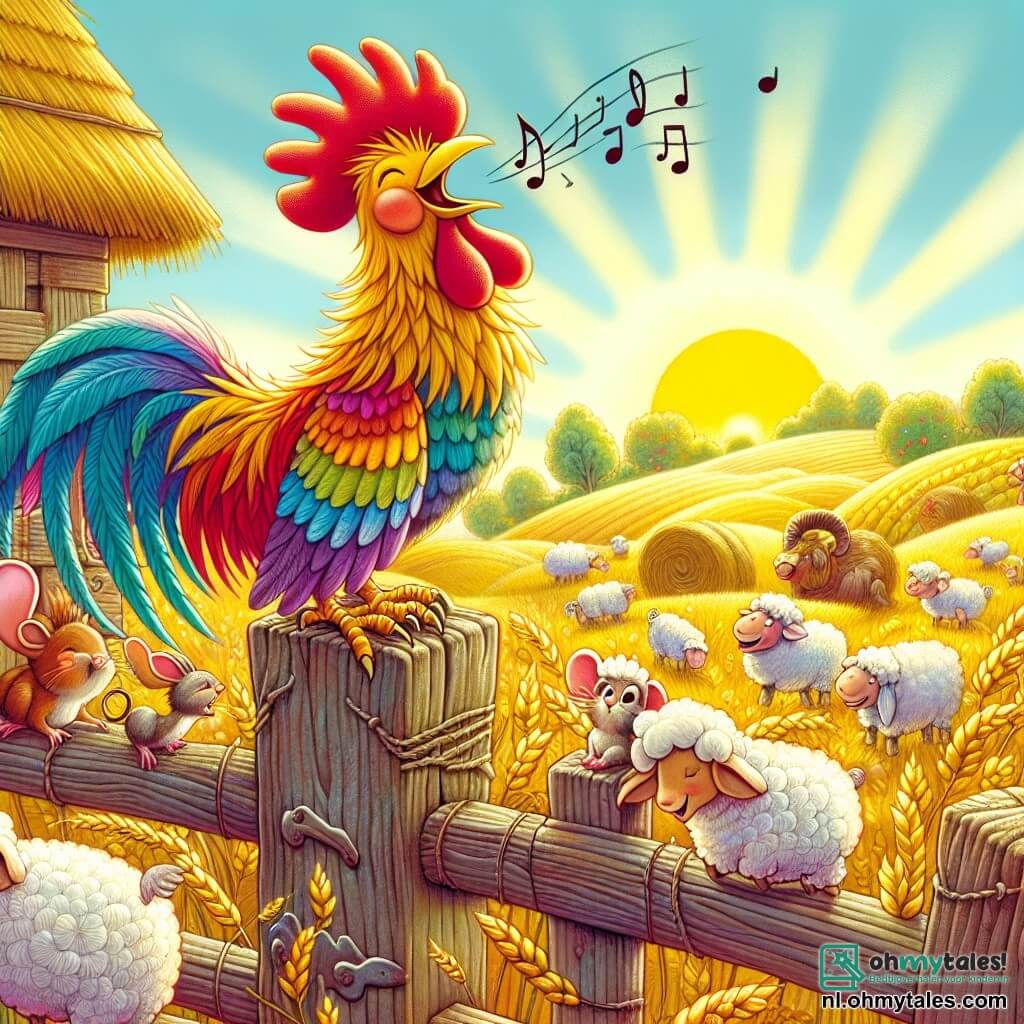 Une illustration destinée aux enfants représentant un coq flamboyant aux plumes éclatantes comme un arc-en-ciel, perché fièrement sur une vieille clôture en bois usée par le temps, chantant joyeusement au lever du soleil dans un charmant village rural où les champs dorés de blé ondulent sous la brise légère, entouré de ses amis, une souris malicieuse aux yeux pétillants et des moutons laineux qui dansent autour de lui, alors qu'ils se préparent tous ensemble pour la grande Talentenshow, une fête colorée remplie de rires et de surprises dans la douceur d'une matinée ensoleillée.
