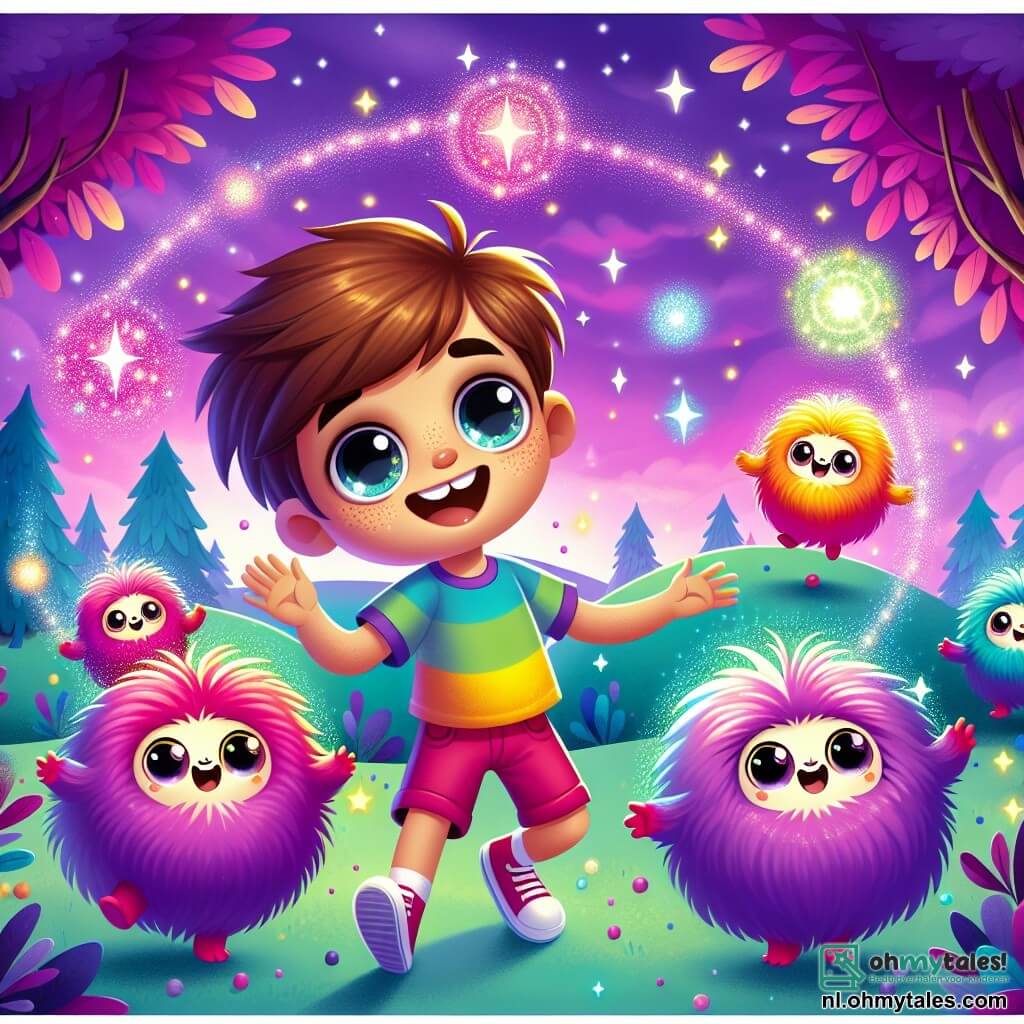 Une illustration sous forme de dessin destinée aux enfants représentant un paysage féerique de la planète Glimmeria, avec un ciel violet parsemé d'étoiles scintillantes et des arbres aux feuilles brillantes comme des diamants, où un garçon de 7 ans aux cheveux bruns et aux yeux pétillants, vêtu d'un t-shirt coloré et de shorts, danse joyeusement avec des Fluffels, de grandes créatures rondes et duveteuses aux couleurs vives, qui rient et tournent autour de lui, alors qu'ils célèbrent leur amitié et leur aventure ensemble, tout en cherchant la mystérieuse fleur magique qui exauce les souhaits.
