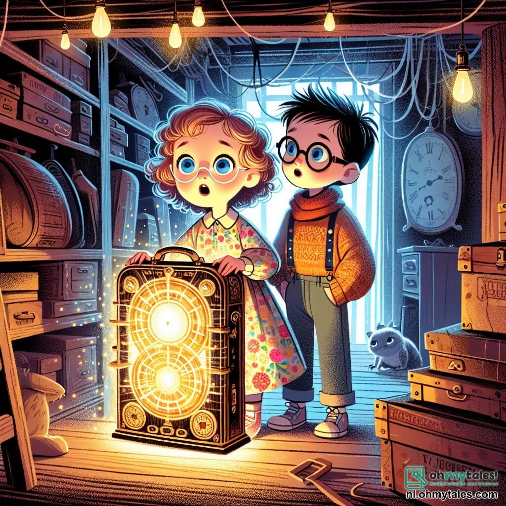 Une illustration sous forme de dessin destinée aux enfants représentant une zolder sombre et poussiéreuse remplie de vieux objets, avec une petite fille de 3 ans aux cheveux bouclés et à lunettes rondes, portant une robe à fleurs, qui regarde avec émerveillement une grande boîte brillante qui émet de la lumière, tandis qu'un garçon aux cheveux en pique et à lunettes, âgé d'environ 7 ans, se tient à côté d'elle avec un air curieux, tous deux fascinés par la découverte d'une machine à voyager dans le temps, entourés de couleurs vives et d'une atmosphère magique.