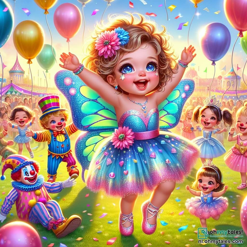 Illustratie van een kleurrijke carnavalscène in een zonnig park, gevuld met kleurrijke ballonnen die in de lucht zweven. In het midden danst een meisje van ongeveer een jaar, met grote glanzende ogen en krullend haar, in een vlinderkostuum met blauwe en roze vleugels die schitteren in de zon. Ze danst vrolijk met haar armen omhoog en een grote glimlach op haar gezicht. Om haar heen zijn verschillende kinderen van 4 tot 6 jaar verkleed als clowns en prinsessen, lachend en spelend. Een jongen met rommelig blond haar draagt een clownskostuum met een rode neus en enorme schoenen, terwijl een meisje in een roze jurk met een glinsterende kroon pirouettes maakt. De scène is levendig, gevuld met muziek en gelach, met confetti die zachtjes uit de lucht valt. Op de achtergrond kijken glimlachende ouders toe, sommigen met camera's om dit magische moment vast te leggen. De sfeer is vrolijk en feestelijk, wat de magie van het carnaval oproept.