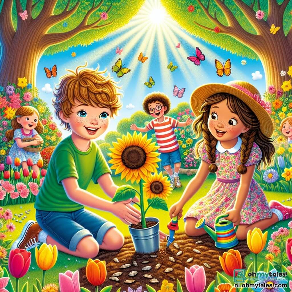 Illustratie van een lentetuin die bruist van kleuren, vol met schitterende bloemen zoals tulpen en narcissen, met zonnestralen die door de bladeren van majestueuze bomen filteren. In het midden zit een 11-jarig jongen met kastanjebruin, krullend haar, gekleed in een groene t-shirt en denim shorts, met zijn handen in de aarde, terwijl hij zonnebloemzaden plant met een grote glimlach op zijn gezicht. Naast hem staat een 10-jarig meisje met lang, gevlochten blond haar, gekleed in een bloemenjurk, die nieuwsgierig toekijkt met een kleurrijk gietertje in haar hand. Op de achtergrond lachen en spelen schoolvrienden, een jongen met ronde brillen en een meisje met een strohoed, terwijl kleurrijke vlinders om hen heen fladderen, wat een vleugje magie toevoegt aan deze vrolijke scène van kameraadschap en teamwork.