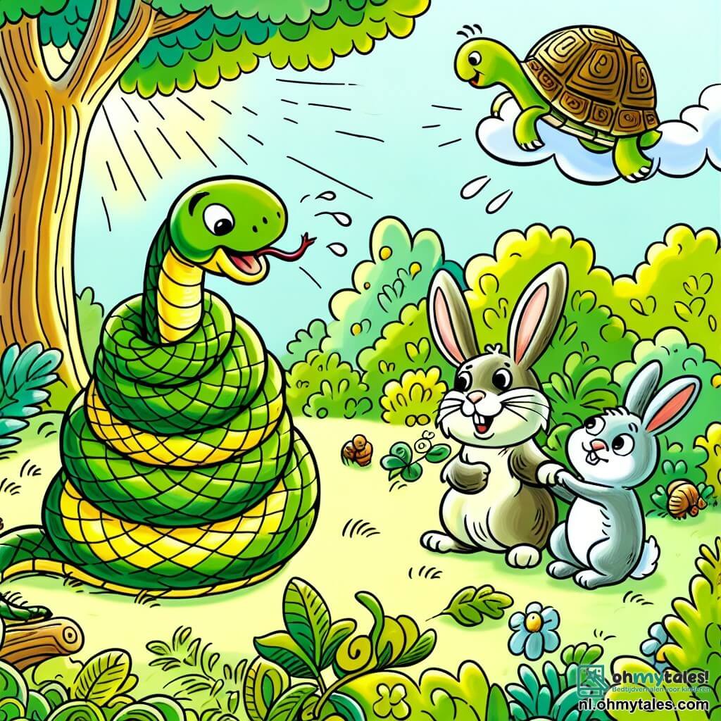 Une illustration sous forme de dessin destinée aux enfants représentant une clairière verdoyante dans un bois ensoleillé, où un serpent aux écailles jaunes et vertes, enroulé de manière amusante, essaie de se libérer d'une grosse boule de nœuds, tandis qu'un petit lapin aux grandes oreilles et une éekhoorn aux yeux pétillants l'observent avec un mélange d'inquiétude et d'amusement, et un lent tortue au sourire bienveillant s'approche lentement pour offrir son aide, créant une scène pleine de camaraderie et de rires.